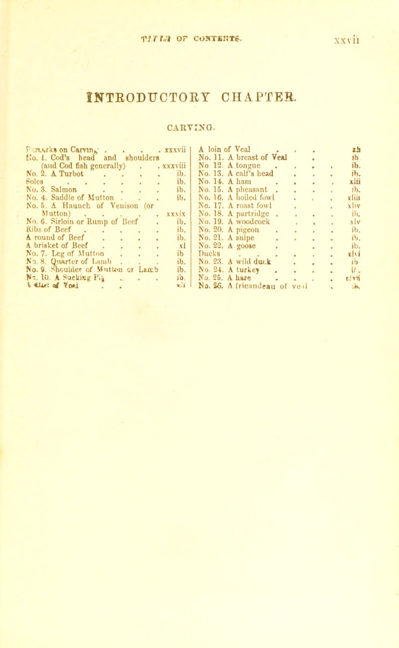 INTEODTTCTOEY CHAPTER. CAItYINO. V'-.r^K.rks on Camnh- . xxxvii A loin of Veal , ih Ho. 1. Cod’s head and shoulders No. 11. A breast of Veal ih (and Cod fish generally) xxxviii No 12. A tongue ib. No. 2. A Turbot . ib. No. 13. A calf’s head ib. Soles ib. No. 14. A ham alii No. 3. Salmon .... ib. No. 15. A pheasant . ib. No. 4. Saddle of Mutton . ib. No. 1G. A ooiled fowl diii No. 5. A Haunch of Venison (or No. 17. A roast fowl xliv M utton) xxxix No. 18. A partridge . ib. No. 6. Sirloin or Rump of Reef ib. No. 19. A woodcock xlv Ribs of Beef ib. No. 20. A pigeon ib. A round of Beef .... ib. No. 21. A snipe ib. A brisket of Beef .... xl No. 22. A goose ib. No. 7. Leg of Mutton ib Ducks • . • tUi No. 8. Quarter of Lamb . ib. No. 23. A wild dur.lc ib No. 9. Shoulder of Mutton cr Lemb ib. No. 24. A turkey it* Nr 10. A Sucking PI* >'o. No. 25. A hare eJ-rii k 4Uri Yorj . No. 2G. A fricamleau of veil :iK