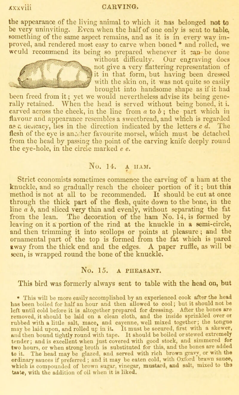 the appearance of the living animal to which it lias belonged not to be very uninviting. Even when the half of one only is sent to table, something of the same aspect remains, and as it is in every way im- proved, and rendered most easy to carve when boned * and rolled, we would recommend its being so prepared whenever it can he done without difficulty. Our engraving does not give a very flattering representation of it in that form, but having been dressed with the skin on, it was not quite so easily brought into handsome shape as if it had been freed from it; yet we would nevertheless advise its being gene- rally retained. When the head is served without being boned, it i. carved across the cheek, in the line from a to b ; the part which in flavour and appearance resembles a sweetbread, and which is regarded a? c. ae.icacy, lies in the direction indicated by the letters c d. The flesh of the eye is another favourite morsel, which must be detached from the head by passing the point of the carving knife deeply round the eye-hole, in the circle marked e e. No. 14. A HAM. Strict economists sometimes commence the carving of a ham at the knuckle, and so gradually reach the choicer portion of it; but this method is not at all to be recommended. It should he cut at once through the thick part of the flesh, quite down to the bone, in the line a b, and sliced very thin and evenly, without separating the fat from the lean. The decoration of the ham No. 14, is formed by leaving on it a portion of the rind at the knuckle in a semi-circle, and then trimming it into scollops or points at pleasure; and the ornamental part of the top is formed from the fat which is pared away from the thick end and the edges. A paper ruffle, as will be seen, is wrapped round the bone of the knuckle. No. 15. A PHEASANT. This bird was formerly always sent to table with the head on, but * This will be more easily accomplished by an experienced cook after the head has been boiled for half an hour and then allowed to cool; but it should not be left until cold before it is altogether prepared for dressing. After the bones are removed, it should be laid on a clean cloth, and the inside sprinkled over or rubbed with a little salt, mace, and cayenne, well mixed together; tire tongue may be laid upon, and rolled up in it. It must be secured, first with a skewer, and then bound tightly round with tape. It should be boiled or stewed extremely tender; and is excellent when just covered with good stock, and simmered for two hours, or when strong broth is substituted for this, and the bones are added to it. The head may be glazed, and served with rich brown gravy, or with the ordinary sauces if preferred ; and it may be eaten cold, with Oxford brawn sauce, which is compounded of brown sugar, vinegar, mustard, and salt, mixed to tha taite, with the addition of oil when it is liked.