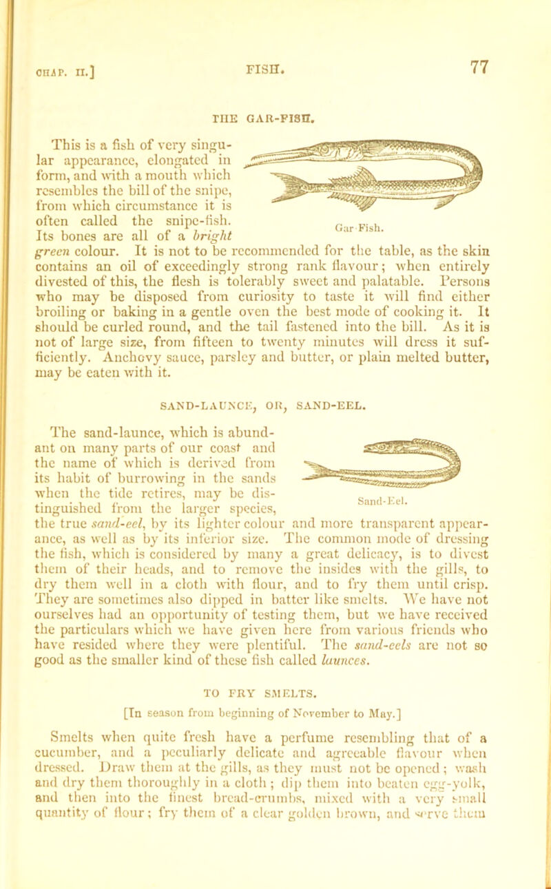 ME GAR-FISH. This is a fish of very singu- lar appearance, elongated in form, and with a mouth which resembles the bill of the snipe, from which circumstance it is often called the snipe-fish. Its bones are all of a bright green colour. It is not to be recommended for the table, as the skin contains an oil of exceedingly strong rank flavour; when entirely divested of this, the flesh is tolerably sweet and palatable. Persons who may be disposed from curiosity to taste it will find either broiling or baking in a gentle oven the best mode of cooking it. It should be curled round, and the tail fastened into the bill. As it is not of large size, from fifteen to twenty minutes will dress it suf- ficiently. Anchovy sauce, parsley and butter, or plain melted butter, may be eaten with it. SAND-L A UNCI', OR, SAND-EEL. The sand-launce, which is abund- ant on many parts of our coast and the name of which is derived from its habit of burrowing in the sands when the tide retires, may be dis- tinguished from the larger species, the true sand-eel, by its lighter colour and more transparent appear- ance, as well as by its inferior size. The common mode of dressing the fish, which is considered by many a great delicacy, is to divest them of their heads, and to remove the insides with the gills, to dry them well in a cloth with flour, and to fry them until crisp. They are sometimes also dipped in batter like smelts. We have not ourselves had an opportunity of testing them, but we have received the particulars which we have given here from various friends who have resided where they were plentiful. The sand-eels are not so good as the smaller kind of these fish called launces. TO FRY SMELTS. [In season from beginning of November to May.] Smelts when quite fresh have a perfume resembling that of a cucumber, and a peculiarly delicate and agreeable flavour when dressed. Draw them at the gills, as they must not be opened; wash and dry them thoroughly in a cloth; dip them into beaten egg-yolk, and then into the finest bread-crumbs, mixed with a very small quantity of flour; fry them of a clear golden brown, and </-rve them Sand-Eel.