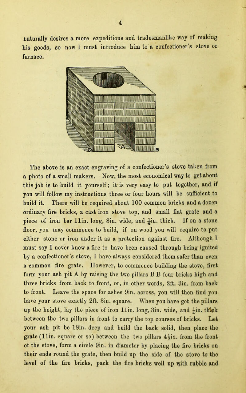 naturally desires a more expeditious and tradesmanlike way of making his goods, so now I must introduce him to a confectioner’s stove or furnace. The above is an exact engraving of a confectioner’s stove taken from a photo of a small makers. Now, the most economical way to get about this job is to build it yourself; it is very easy to put together, and if you will follow my instructions three or four hours will be sufficient to build it. There will be required about 100 common bricks and a dozen ordinary fire bricks, a cast iron stove top, and small flat grate and a piece of iron bar llin. long, 3in. wide, and ^in. thick. If on a stone floor, you may commence to build, if on wood you will require to put either stone or iron under it as a protection against fire. Although I must say I never knew a fire to have been caused through being ignited by a confectioner’s stove, I have always considered them safer than even a common fire grate. However, to commence building the stove, first form your ash pit A by raising the two pillars B B four bricks high and three bricks from back to front, or, in other words, 2ft. 3in. from back to front. Leave the space for ashes 9in. across, you will then find you have your stove exactly 2f’t. 3in. square. When you have got the pillars up the height, lay the piece of iron llin. long, 3in. wide, and £in. thVk between the two pillars in front to carry the top courses of bricks. Let your ash pit be 18in. deep and build the back solid, then place the grate (llin. square or so) between the two pillars 4£in. from the front ot the stove, form a circle 9in. in diameter by placing the fire bricks on their ends round the grate, then build up the side of the stove to the level of the fire bricks, pack the fire bricks well up with rubble and
