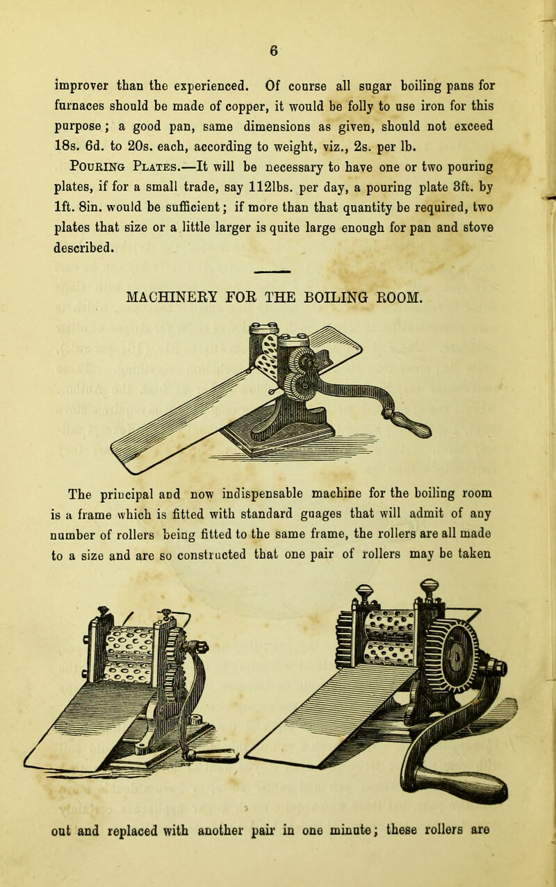 improver than the experienced. Of course all sugar boiling pans for furnaces should be made of copper, it would be folly to use iron for this purpose; a good pan, same dimensions as given, should not exceed 18s. 6d. to 20s. each, according to weight, viz., 2s. per lb. Pouring Plates.—It will be necessary to have one or two pouring plates, if for a small trade, say 1121bs. per day, a pouring plate 3ft. by lft. 8in. would be sufficient; if more than that quantity be required, two plates that size or a little larger is quite large enough for pan and stove described. MACHINERY FOR THE BOILING ROOM. The principal and now indispensable machine for the boiling room is a frame which is fitted with standard guages that will admit of any number of rollers being fitted to the same frame, the rollers are all made to a size and are so constructed that one pair of rollers may be taken out and replaced with another pah' in one minute; these rollers are