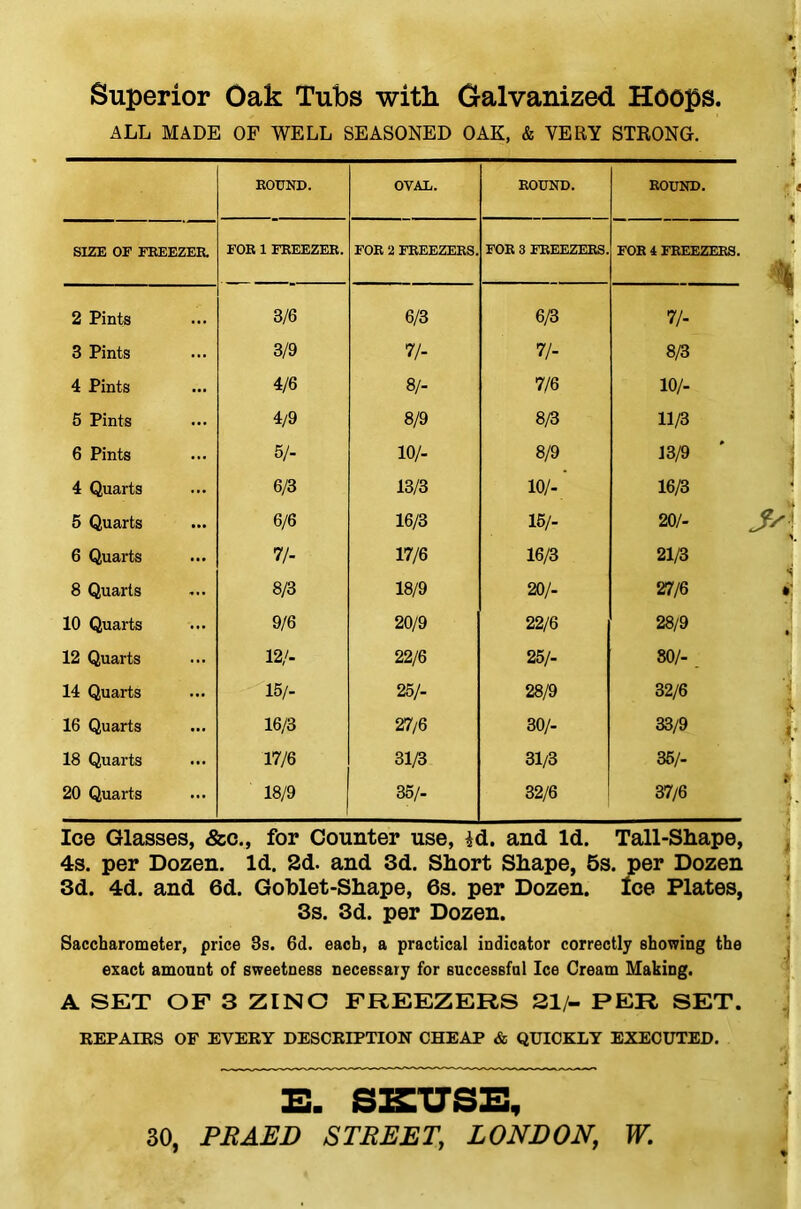 Superior Oak Tubs with Galvanized Hoops. ALL MADE OF WELL SEASONED OAK, & VERY STRONG. ROUND. OVAL. ROUND. ROUND. SIZE OF FREEZER. FOR 1 FREEZER. FOR 2 FREEZERS. FOR 3 FREEZERS. FOR 4 FREEZERS. 2 Pints 3/6 6/3 6/3 7/- 3 Pints 3/9 7/- 7/- 8/3 4 Pints 4/6 8/- 7/6 10/- 5 Pints 4/9 8/9 8/3 11/3 6 Pints 5/- 10/- 8/9 13/9 4 Quarts 6/3 13/3 10/- 16/3 5 Quarts 6/6 16/3 15/- 20/- 6 Quarts 7/- 17/6 16/3 21/3 8 Quarts 8/3 18/9 20/- 27/6 10 Quarts 9/6 20/9 22/6 28/9 12 Quarts 12/- 22/6 25/- 80/- 14 Quarts 15/- 25/- 28/9 32/6 16 Quarts 16/3 27/6 30/- 33/9 18 Quarts 17/6 31/3 31/3 35/- 20 Quarts 18/9 35/- 32/6 37/6 Ice Glasses, &c., for Counter use, id. and Id. Tail-Shape, 4s. per Dozen. Id. 2d. and 3d. Short Shape, 5s. per Dozen 3d. 4d. and 6d. Gohlet-Shape, 6s. per Dozen. Ice Plates, 3s. 3d. per Dozen. Saccharometer, price 3s. 6d. each, a practical indicator correctly showing the exact amount of sweetness necessary for successful Ice Cream Making. A SET OF 3 ZINC FREEZERS 21/- PER SET. REPAIRS OF EVERY DESCRIPTION CHEAP & QUICKLY EXECUTED. E. SKUSE, 30, PRAED STREET, LONDON, W.
