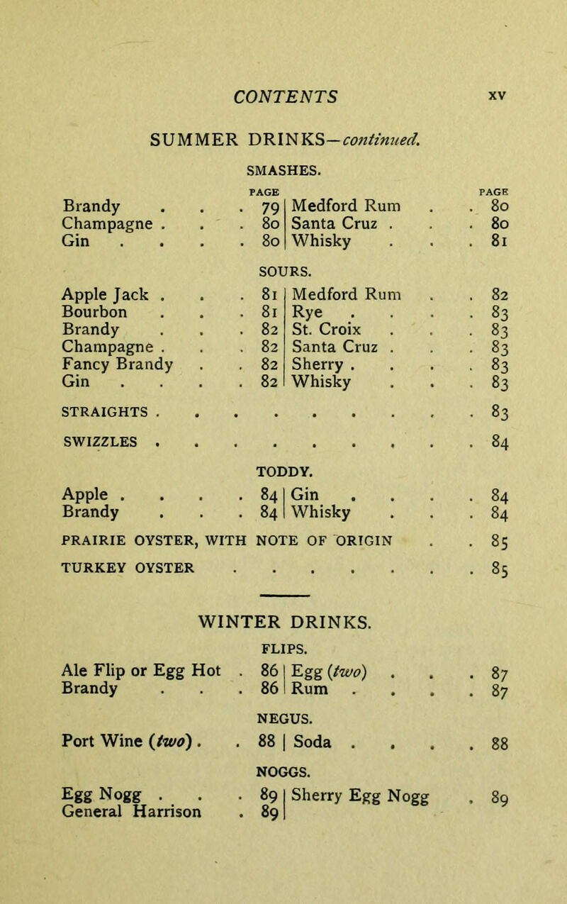 SUMMER DRINKS-continued. SMASHES. PAGE PAGE Brandy 79 Medford Rum . 80 Champagne . 80 Santa Cruz . . 80 Gin .... 80 Whisky . 81 SOURS. Apple Jack . 81 Medford Rum . 82 Bourbon 81 Rye • 83 Brandy 82 St. Croix • 83 Champagne . 82 Santa Cruz . • 83 Fancy Brandy 82 Sherry . ■ 83 Gin .... 82 Whisky • 83 STRAIGHTS . • 83 SWIZZLES . . 84 TODDY. Apple .... 84 Gin . 84 Brandy 84 Whisky . 84 PRAIRIE OYSTER, WITH NOTE OF ORIGIN . 8S TURKEY OYSTER . . 85 WINTER DRINKS. FLIPS. Ale Flip or Egg Hot . 86 Egg (two) . • 87 Brandy 86 Rum . 87 NEGUS. Port Wine (two). 88 Soda . . 88 NOGGS. Egg Nogg . 89 Sherry Egg Nogg . 89 General Harrison 89