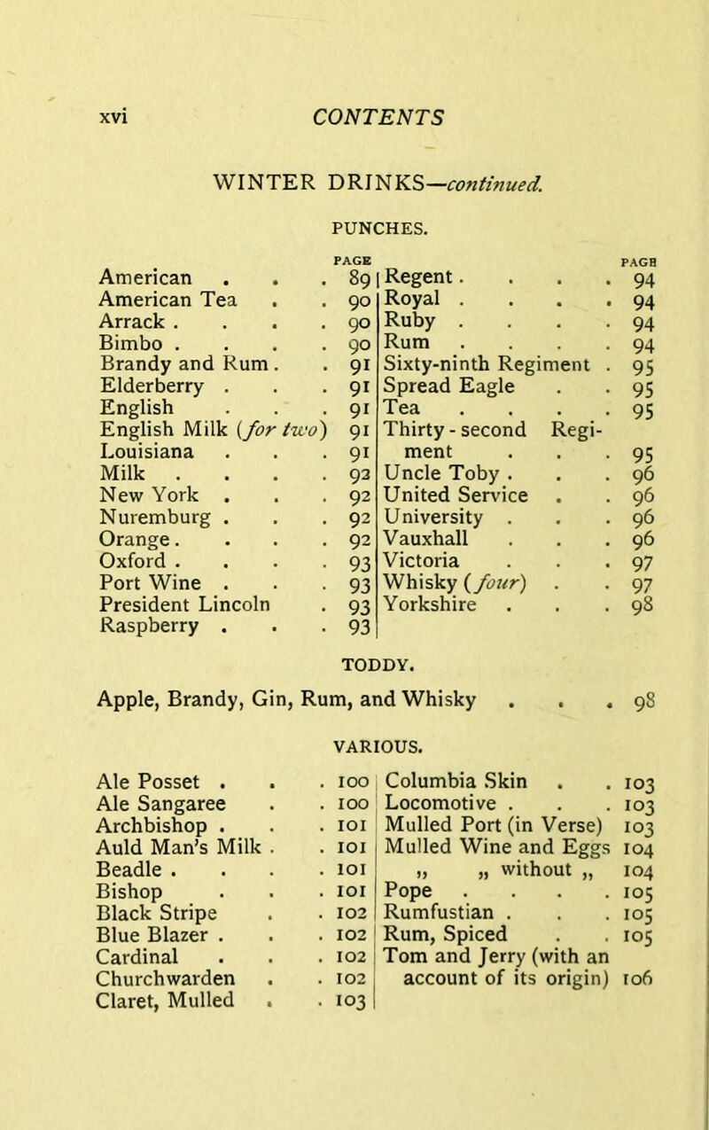 WINTER DRINKS—continued. PUNCHES. PAGE PAGH American . 89 Regent. 94 American Tea . 90 Royal . 94 Arrack . . 90 Ruby . 94 Bimbo . . 90 Rum 94 Brandy and Rum. • 91 Sixty-ninth Regiment . 95 Elderberry . • 9i Spread Eagle 95 English • 9i Tea 95 English Milk {for two) 91 Thirty - second Regi- Louisiana • 9i ment 95 Milk . • 93 Uncle Toby . 96 New York . . 92 United Service 96 Nuremburg . • 92 University . 96 Orange. • 92 Vauxhall 96 Oxford . • 93 Victoria 97 Port Wine . • 93 Whisky ( four) 97 President Lincoln • 93 Yorkshire 98 Raspberry . • 93 TODDY. Apple, Brandy, Gin, Rum, and Whisky • 98 VARIOUS. Ale Posset . . IOO Columbia Skin . 103 Ale Sangaree . IOO Locomotive . 103 Archbishop . . IOI Mulled Port (in Verse) 103 Auld Man’s Milk . . IOI Mulled Wine and Eggs 104 Beadle . . IOI „ „ without „ 104 Bishop . IOI Pope 105 Black Stripe . 102 Rumfustian . 105 Blue Blazer . . 102 Rum, Spiced 105 Cardinal . 102 Tom and Jerry (with an Churchwarden . 102 account of its origin) 106 Claret, Mulled . . 103