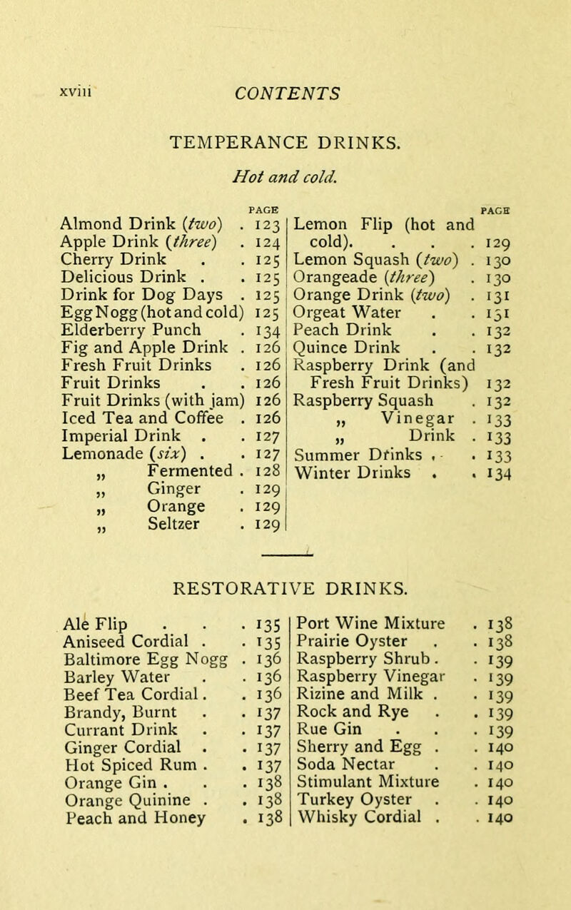 TEMPERANCE DRINKS. Hot and cold. PAGE Almond Drink {two) . 123 Apple Drink {three) . 124 Cherry Drink . .125 Delicious Drink . . 125 Drink for Dog Days . 125 Egg Nogg (hot and cold) 125 Elderberry Punch . 134 Fig and Apple Drink . 126 Fresh Fruit Drinks . 126 Fruit Drinks . .126 Fruit Drinks (with jam) 126 Iced Tea and Coffee . 126 Imperial Drink . . 127 Lemonade {six) . .127 „ Fermented . 128 „ Ginger . 129 „ Orange . 129 „ Seltzer . 129 Lemon Flip (hot and cold). . . .129 Lemon Squash {two) . 130 Orangeade {three) . 130 Orange Drink {two) . 131 Orgeat Water . . 131 Peach Drink . . 132 Quince Drink . . 132 Raspberry Drink (and Fresh Fruit Drinks) 132 Raspberry Squash . 132 „ Vinegar . 133 „ Drink . 133 Summer Drinks , . 133 Winter Drinks . .134 Ale Flip Aniseed Cordial . Baltimore Egg Nogg Barley Water Beef Tea Cordial. Brandy, Burnt Currant Drink Ginger Cordial . Hot Spiced Rum . Orange Gin . Orange Quinine . Peach and Honey . 138 Port Wine Mixture . 138 Prairie Oyster . .138 Raspberry Shrub . . 139 Raspberry Vinegar . 139 Rizine and Milk . -139 Rock and Rye . .139 Rue Gin . . .139 Sherry and Egg . . 140 Soda Nectar . . 140 Stimulant Mixture . 140 Turkey Oyster . . 140 Whisky Cordial . .140 RESTORATIVE DRINKS. • 135 • 135 . 136 . 136 . 136 • 137 • 137 • 137 . 137 . 138 . 138