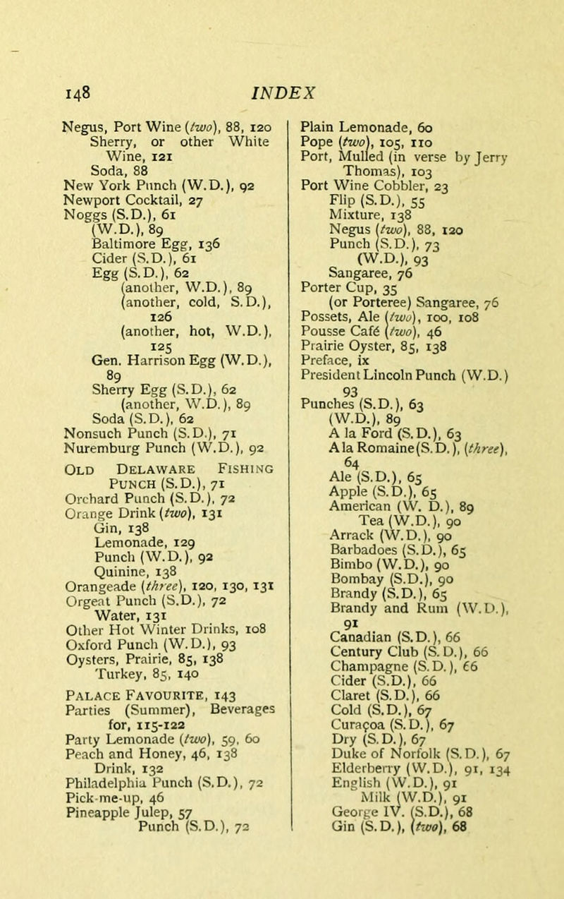 Negus, Port Wine {two), 88, 120 Sherry, or other White Wine, 121 Soda, 88 New York Punch (W.D.), 92 Newport Cocktail, 27 Noggs (S.D.), 61 (W.D.), 89 Baltimore Egg, 136 Cider (S.D.), 61 Egg (S.D.), 62 another, W.D.), 89 another, cold, S. D.), 126 (another, hot, W.D.), 125 Gen. Harrison Egg (W.D.), 89 Sherry Egg (S.D.), 62 (another, W.D.), 89 Soda (S.D.), 62 Nonsuch Punch (S. D.), 71 Nuremburg Punch (W.D.), 92 Old Delaware Fishing Punch (S.D.), 71 Orchard Punch (S.D.), 72 Orange Drink (two), 131 Gin, 138 Lemonade, 129 Punch (W.D.), 92 Quinine, 138 Orangeade (three), 120, 130, 131 Orgeat Punch (S.D.), 72 Water, 131 Other Hot Winter Drinks, 108 Oxford Punch (W. D.), 93 Oysters, Prairie, 85, 138 Turkey, 85, 140 Palace Favourite, 143 Parties (Summer), Beverages for, 115-122 Party Lemonade (two), 59, 60 Peach and Honey, 46, 138 Drink, 132 Philadelphia Punch (S.D.), 72 Pick-me-up, 46 Pineapple Julep, 57 Punch (S.D.), 72 Plain Lemonade, 60 Pope (two), 105, no Port, Mulled (in verse by Jerry Thomas), 103 Port Wine Cobbler, 23 Flip (S.D.), 5s Mixture, 138 Negus (two), 88, 120 Punch (S.D.), 73 (W.D.), 93 Sangaree, 76 Porter Cup, 35 (or Porteree) Sangaree, 76 Possets, Ale Uwo), too, 108 Pousse Cafe (two), 46 Prairie Oyster, 85, 138 Preface, ix President Lincoln Punch (W.D.) 93 Punches (S.D.), 63 (W.D.), 89 A la Ford (S.D.), 63 AlaRomaine(S.D.), (three), 64 Ale (S.D.), 65 Apple (S.D.), 65 American (W. D.), 89 Tea (W.D.), 90 Arrack (W.D.), 90 Barbadoes (S.D.), 65 Bimbo (W.D.), 90 Bombay (S.D.), 90 Brandy (S.D.), 65 Brandy and Rum (W.D.), 9i Canadian (S.D.), 66 Century Club (S. D.), 66 Champagne (S.D.), 66 Cider (S.D.), 66 Claret (S.D.), 66 Cold (S.D.), 67 Curapoa (S. D.), 67 Dry (S. D.), 67 Duke of Norfolk (S. D.), 67 Elderberry (W. D.), 91, 134 English (W.D.), 91 Milk (W.D.), 91 George IV. (S.D.), 68 Gin (S.D.), (two), 68