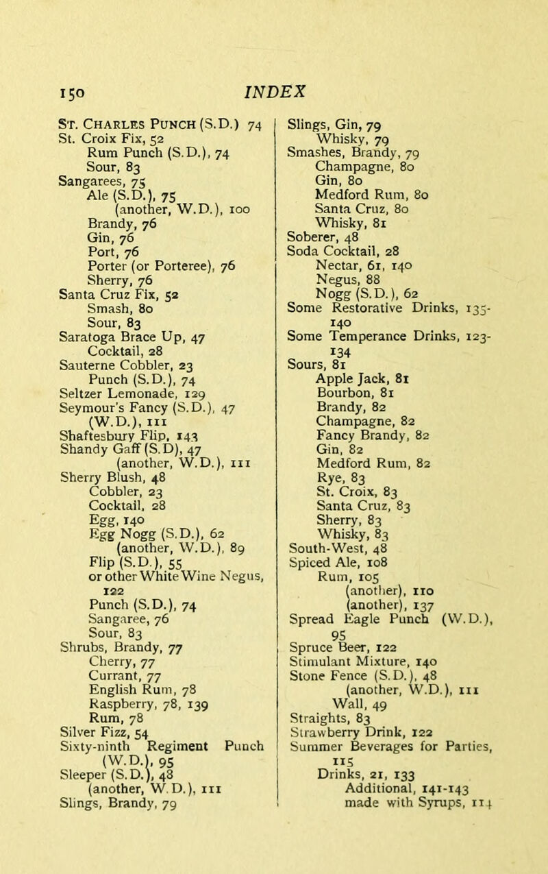 St. Charles Punch (S.D.) 74 St. Croix Fix, 52 Rum Punch (S.D.), 74 Sour, 83 Sangarees, 75 Ale (S.D.), 75 (another, W.D.), 100 Brandy, 76 Gin, 76 Port, 76 Porter (or Porteree), 76 Sherry, 76 Santa Cruz Fix, 52 Smash, 80 Sour, 83 Saratoga Brace Up, 47 Cocktail, 28 Sauterne Cobbler, 23 Punch (S.D.), 74 Seltzer Lemonade, 129 Seymour's Fancy (S.D.), 47 (W.D.), in Shaftesbury Flip, 143 Shandy Gaff (S.D), 47 (another, W.D.), 111 Sherry Blush, 48 Cobbler, 23 Cocktail. 28 Egg, 140 Egg Nogg (S.D.), 62 (another, W.D.), 89 Flip (S.D.), 55 or other White Wine Negus, 122 Punch (S.D.), 74 Sangaree, 76 Sour, 83 Shrubs, Brandy, 77 Cherry, 77 Currant, 77 English Rum, 78 Raspberry, 78, 139 Rum, 78 Silver Fizz, 54 Sixty-ninth Regiment Punch (W.D.l, 95 Sleeper (S.D.), 43 (another, W. D.), 111 Slings, Brandy, 79 Slings, Gin, 79 Whisky, 79 Smashes, Brandy, 79 Champagne, 80 Gin, 80 Medford Rum, 80 Santa Cruz, 80 Whisky, 81 Soberer, 48 Soda Cocktail, 28 Nectar, 6i, 140 Negus, 88 Nogg (S. D.), 62 Some Restorative Drinks, 135- 140 Some Temperance Drinks, 123- 134 Sours, 81 Apple Jack, 81 Bourbon, 81 Brandy, 82 Champagne, 82 Fancy Brandy, 82 Gin, 82 Medford Rum, 82 Rye, 83 St. Croix, 83 Santa Cruz, 83 Sherry, 83 Whisky, 83 South-West, 48 Spiced Ale, 108 Rum, 105 (another), no (another), 137 Spread Eagle Punch (W. D.), 95 Spruce Beer, 122 Stimulant Mixture, 140 Stone Fence (S.D.), 48 (another, W.D.), m Wall, 49 Straights, 83 Strawberry Drink, 122 Summer Beverages for Parties, US Drinks, 21, 133 Additional, 141-143 made with Syrups, 114