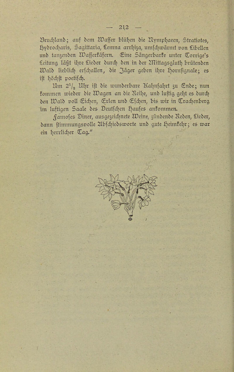 — 2\2 — Brudjlanb; auf bcm IDaffer blüPjen bic HYmpIjaccn, Stratiotcs, ^Ybro<i?tU-i5, Sagittaria, £cmna avvl]i5a, umfdjinäfmt Don Libellen unb taiijcnben IDaffcrfafcrn. (£ine 5äng,cvbQrfe unter Corrigc's Scitung läft il]rc Sieber burdj bcn in ber ZlTiltagsglutl} brütcnben XDalb liebliclj erfd]allcn, bie ^äg^iv geben iljrc I^ornfignale; es ift f}öd}ft poetifd}. Hm 2^/2 Ui)t i[t bic munberbarc Kül^nfaljrt 5U (Snbc; nun fommcn roicber bic tDagcn an bic HciI]C, unb luftig geljt es burdj bcn IPalb DoII (£id]en, (£rlcn unb fifd^cn, bis u?ir in Crad^enbcrg tm luftigen Saale bes Deulfd^cn £)aufc5 anfommcn, ^amofcs Diner, ausgcjcid^nctc IPeine, jünbenbc Heben, lieber, bann ftimmungsDoUe ilbfdjiebsroortc unb gute Jjeimfeljr; es toar ein Ijcrrlid^cr Cag.