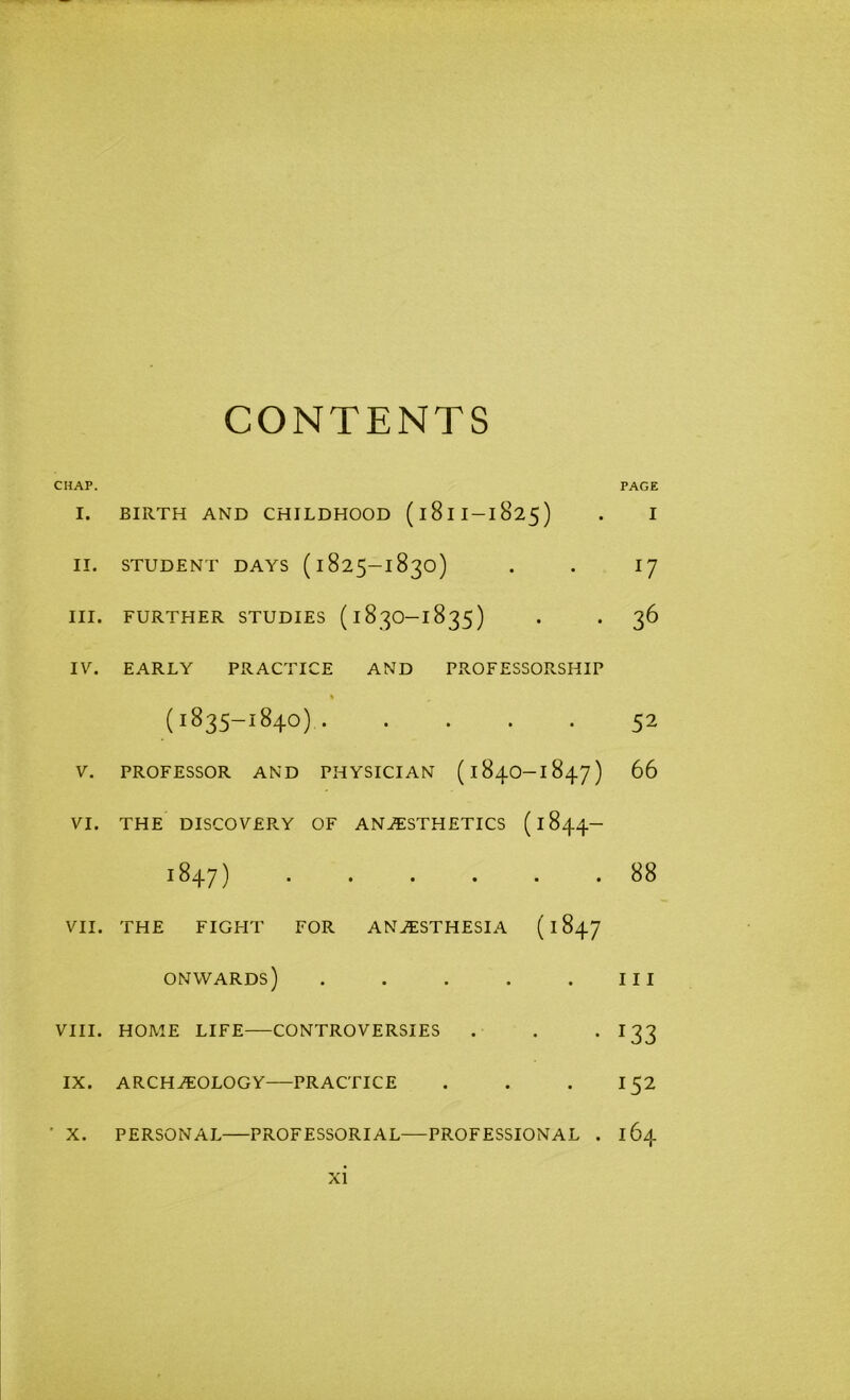 CONTENTS CHAP. PAGE I. BIRTH AND CHILDHOOD (181I-1825) . I II. STUDENT DAYS (1825-1830) . . 17 III. FURTHER STUDIES (183O-1835) . . 36 IV. EARLY PRACTICE AND PROFESSORSHIP % (1835-1840) 52 V. PROFESSOR AND PHYSICIAN (184O-1847) 66 VI. THE DISCOVERY OF ANAESTHETICS (1844- 1847) 88 VII. THE FIGHT FOR ANAESTHESIA ( 1847 onwards) . . . . .Ill VIII. HOME LIFE CONTROVERSIES . . . 133 IX. ARCHAEOLOGY PRACTICE . . 152 ' X. PERSONAL PROFESSORIAL—PROFESSIONAL . 164