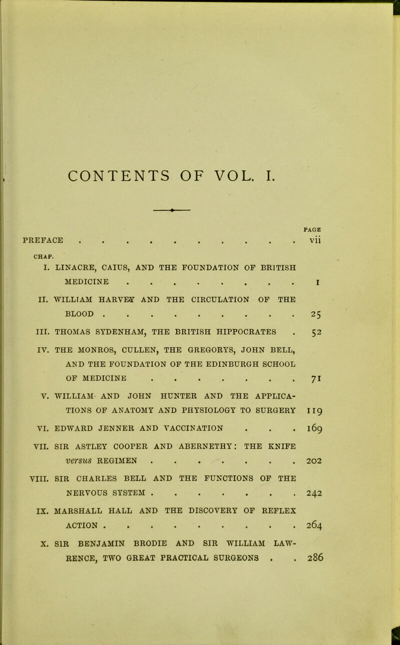 PAGE PREFACE . ........ vii CHAP. I. LINACRE, CAIUS, AND THE FOUNDATION OF BRITISH MEDICINE I II. WILLIAM HARVEY AND THE CIRCULATION OF THE BLOOD 25 III. THOMAS SYDENHAM, THE BRITISH HIPPOCRATES . 52 IV. THE MONROS, CULLEN, THE GREGORYS, JOHN BELL, AND THE FOUNDATION OF THE EDINBURGH SCHOOL OF MEDICINE 71 V. WILLIAM AND JOHN HUNTER AND THE APPLICA- TIONS OF ANATOMY AND PHYSIOLOGY TO SURGERY 119 VI. EDWARD JENNER AND VACCINATION . . . 169 VII. SIR ASTLEY COOPER AND ABERNETHY: THE KNIFE versus regimen . 202 VIII. SIR CHARLES BELL AND THE FUNCTIONS OF THE NERVOUS SYSTEM 242 IX. MARSHALL HALL AND THE DISCOVERY OF REFLEX ACTION 264 X. SIR BENJAMIN BRODIE AND SIR WILLIAM LAW- RENCE, TWO GREAT PRACTICAL SURGEONS . . 286