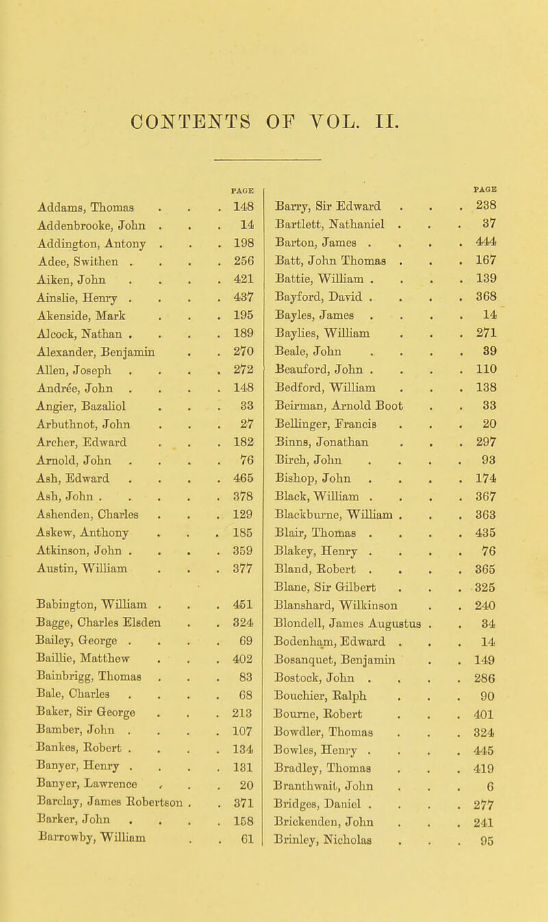 CONTEI^^TS OF VOL. 11. PAGE Addams, Thomas . 148 Addenbrooke, Jolin . . 14 Addington, Antony . 198 Adee, Swithen . , 256 Aiken, Jolin . . . . 421 A in slip, Henry . . . 437 Akenside, Mark . . 195 Alcock, Nathan . . 189 Alexander, Benjamin . 270 Allen, Joseph • • • . 272 Andree, John . 148 Angier, Bazaliol . 33 Arbuthnot, John . 27 Archer, Edward . . . 182 Arnold, John . . . 76 Ash, Edward . • • . 465 Ash, John . , • . . 378 Ashenden, Charles • . . 129 Askew, Anthony . . 185 Atkinson, John . • • . 359 Austin, William • • . 377 Babington, William . • . 451 Bagge, Charles Elsden • . 324 r5fi.ilpv (-rpnrtTp Baillie, Matthew 402 Bainbrigg, Thomas . 83 Bale, Charles . 68 Baker, Sir George . 213 Bamber, John . . 107 Bankes, Robert . . 134 Banyer, Henry , . 131 Banyer, Lawrence , . 20 Barclay, James Eobertson . . 371 Barker, John . 158 Barrowby, Wilham . 61 PAGE Barry, Sir Edward . 238 Bartlett, Nathaniel . . 37 Barton, James . . 444 Batt, John Thomas . . 167 Battle, WiUiam , . 139 Bayford, David . . 368 Bayles, James . 14 Baylies, Wilham . 271 Beale, John . 39 Beauford, John . . 110 Bedford, WiUiam . 138 Beirman, Arnold Boot . 33 Bellinger, Francis . 20 Binns, Jonathan . 297 Birch, John . 93 Bishop, John . 174 Black, Wniiam . . 367 Blackbm-ne, William . . 363 Blair, Thomas . . 435 Blakey, Henry . . 76 Bland, Eobert . . . 365 Blane, Sir Gilbert . 325 Blanshard, Wilkinson , 240 Blondell, James Augustus . . 34 Bodenham, Edward . . 14 Bosanquet, Benjamin . 149 Bostock, John . . 286 Boucliier, Balph . 90 Bourne, Eobert . 401 Bowdler, Thomas . 324 Bowles, Henry . . 445 Bradley, Thomas . 419 B ranthwait, John 6 Bridges, Daniel . . 277 Brickenden, John . 241 Brinley, Nicholas . 95