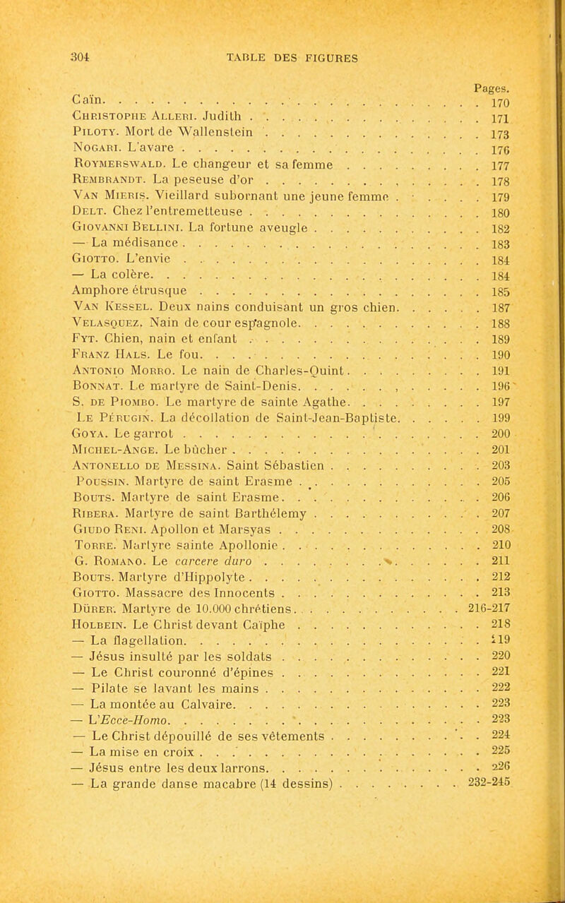 Pages. Gain 170 Christophe Alleri. Judith 171 PiLOTY. Mort de Wallenslein 173 NoGARi. L'avare 170 RoYWERswALD. Le cliangeui et sa femme 177 Rembrandt. La peseuse d'or 178 Van MiEEis. Vieillard subornant une jeune femme ...... 179 Delt. Chez l'entremetteuse 180 Giovanni Bellini. La fortune aveugle 182 — La médisance 183 GiOTTO. L'envie 184 — La colère 184 Amphore étrusque 185 Van Kessel. Deux nains conduisant un gros chien 187 Velasquez. Nain de cour esp'agnole 188 Fyt. Chien, nain et enfant 189 Franz Hals. Le fou. 190 Antonio Morro. Le nain de Charles-Quint 191 Donnât. Le martyre de Saint-Denis , 196 ~ S. de Piombo. Le martyre de sainte Agathe 197 Le PÉRL'GiN. La décollation de Sainl-Jean-Baptiste 199 Goya. Le garrot 200 Michel-Ange. Le bûcher 201 Antonello de Messina. Saint Sébastien 203 Poussin. Martyre de saint Erasme . _ 205 Bouts. Martyre de saint Erasme 206 RiBEKA. Martyre de saint Barthélémy 207 GiUDO Reni. Apollon et Marsyas 208 ToRRE. Marlyre sainte Apollonie 210 G. RoMANO. Le carcere dura ....... .-^ 211 Bouts. Martyre d'Hippolyte 212 Giotto. Massacre des Innocents 213 DijRER-. Martyre de 10.000chrétiens. 216-217 HoLBEiN. Le Christ devant Caiphe 218 — La flagellation il9 — Jésus insulté par les soldats 220 — Le Christ couronné d'épines 221 — Pilate se lavant les mains 222 — La montée au Calvaire 223 — VEcce-Homo 223 — Le Christ dépouillé de ses vêtements 224 — La mise en croix 225 — Jésus entre les deux larrons 226 — La grande danse macabre (14 dessins) 232-245