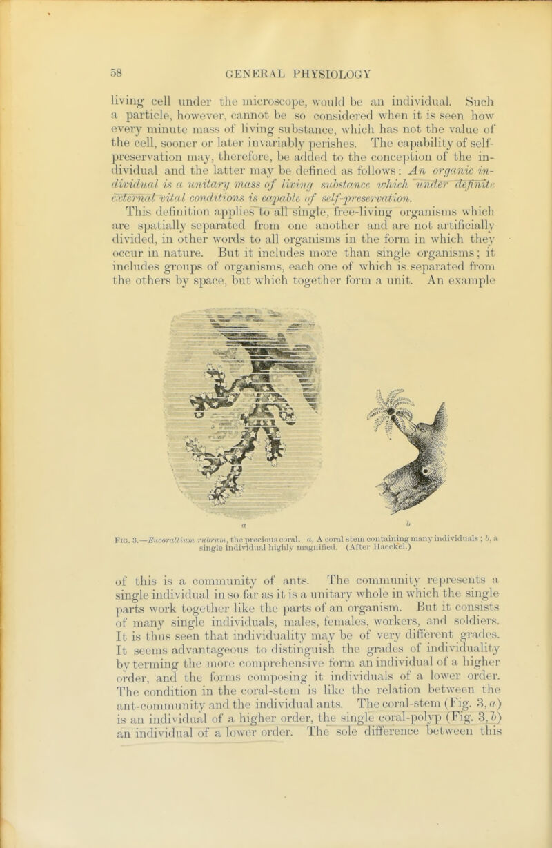 living cell under the microscope, would be an individual. Such a particle, however, cannot be so considered when it is seen hoAV every minute mass of living substance, which has not the value of the cell, sooner or later invariably perishes. The capability of self- preservation may, therefore, be added to the conception of the in- dividual and the latter may be defined as follows: An organic in- (iivicUial is a unitary mass of living suh&tancc which 'under' definite c^cternal vital conditions is ca2mhle of self-preservation. This definition applies~to all single, free-living organisms which are spatially separated from one another and are not artificially divided, in other words to all organisms in the form in which they occur in nature. But it includes more than single organisms; it includes groups of organisms, each one of which is separated from the others by space, but which together form a unit. An examph^ Fig. S.SucoraUium mbriun, the precious coral, n, A coral stem contamiiig many individuals ; h, a single individual highly magnified. (After Hacckel.) of this is a community of ants. The community represents a single individual in so far as it is a unitary whole in which the single parts work together like the parts of an organism. But it consists of many single individuals, males, females, workers, and soldiers. It is thus seen that individuality may be of very different grades. It seems advantageous to distinguish the grades of individuality by terming the more comprehensive form an individual of a higher order, and the forms composing it individuals of a lower order. The condition in the coral-stem is like the relation between the ant-community and the individual ants. The coral-stem (Fig. 8, a) is an individual of a higher order, the single coral-polyp (Fig. S,h) an individual of a lower order. The sole difference between this