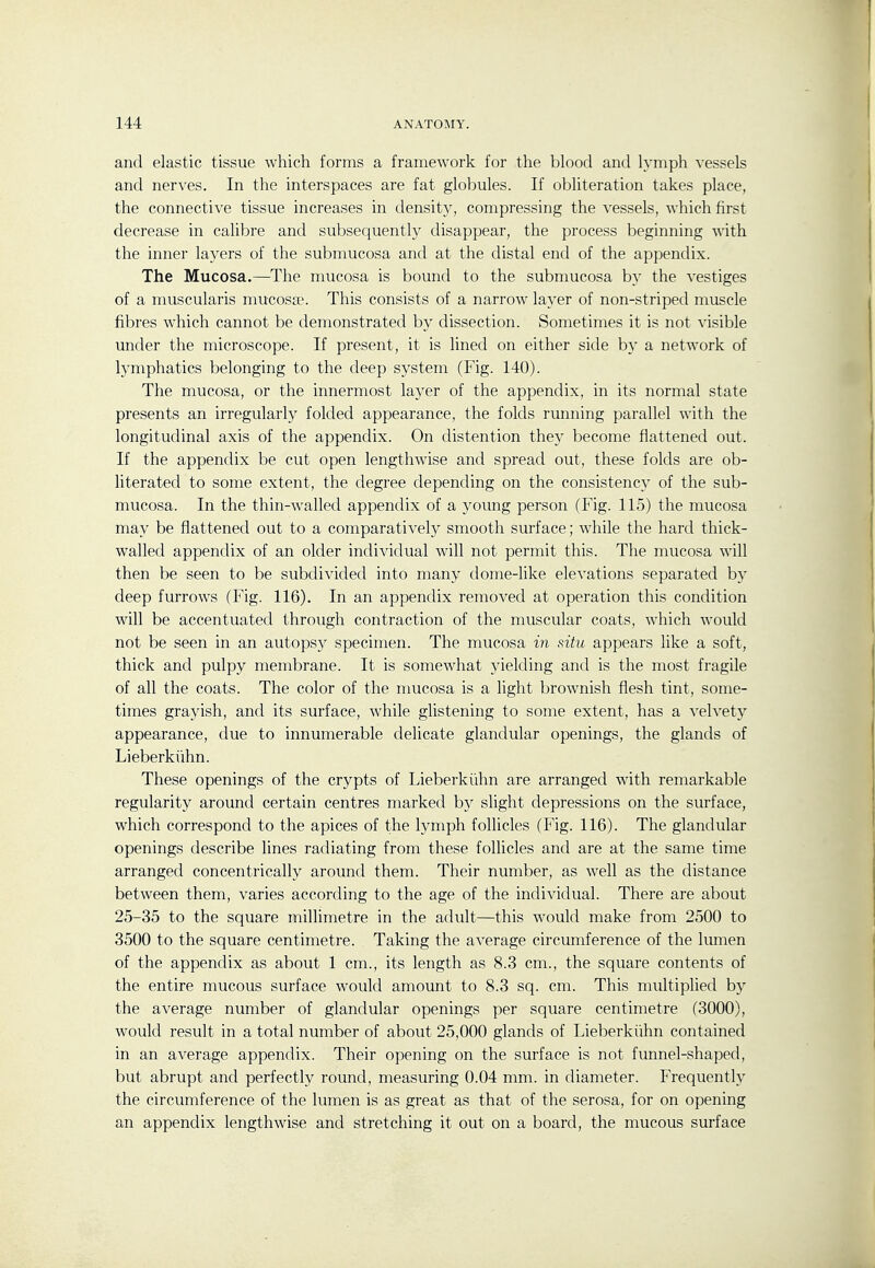 and elastic tissue which forms a framework for the blood and lymph vessels and nerves. In the interspaces are fat globules. If obliteration takes place, the connective tissue increases in density, compressing the vessels, which first decrease in calibre and subsequently disappear, the process beginning with the inner layers of the submucosa and at the distal end of the appendix. The Mucosa.—The mucosa is bound to the submucosa by the vestiges of a muscularis mucosa'. This consists of a narrow la\'er of non-striped muscle fibres which cannot be demonstrated by dissection. Sometimes it is not visible under the microscope. If present, it is lined on either side by a network of lymphatics belonging to the deep system (Fig. 140). The mucosa, or the innermost layer of the appendix, in its normal state presents an irregularly folded appearance, the folds running parallel with the longitudinal axis of the appendix. On distention they become flattened out. If the appendix be cut open lengthwise and spread out, these folds are ob- literated to some extent, the degree depending on the consistency of the sub- mucosa. In the thin-walled appendix of a young person (Fig. 115) the mucosa may be flattened out to a comparatively smooth surface; while the hard thick- walled appendix of an older individual will not permit this. The mucosa will then be seen to be subdivided into many dome-like elevations separated by deep furrows (Fig. 116). In an appendix removed at operation this condition will be accentuated through contraction of the muscular coats, which would not be seen in an autopsy specimen. The mucosa in situ appears like a soft, thick and pulpy membrane. It is somewhat yielding and is the most fragile of all the coats. The color of the mucosa is a light brownish flesh tint, some- times grayish, and its surface, while glistening to some extent, has a velvety appearance, due to innumerable delicate glandular openings, the glands of Lieberkiihn. These openings of the crypts of Lieberkiihn are arranged with remarkable regularity around certain centres marked by slight depressions on the surface, which correspond to the apices of the lymph follicles (Fig. 116). The glandular openings describe lines radiating from these follicles and are at the same time arranged concentrically around them. Their number, as well as the distance between them, varies according to the age of the individual. There are about 25-35 to the square millimetre in the adult—this would make from 2500 to 3500 to the square centimetre. Taking the average circumference of the lumen of the appendix as about 1 cm., its length as 8.3 cm., the square contents of the entire mucous surface would amount to 8.3 sq. cm. This multiplied b}' the average number of glandular openings per square centimetre (3000), would result in a total number of about 25,000 glands of Lieberkiihn contained in an average appendix. Their opening on the surface is not funnel-shaped, but abrupt and perfectly round, measuring 0.04 mm. in diameter. Frequently the circumference of the lumen is as great as that of the serosa, for on opening an appendix lengthwise and stretching it out on a board, the mucous surface