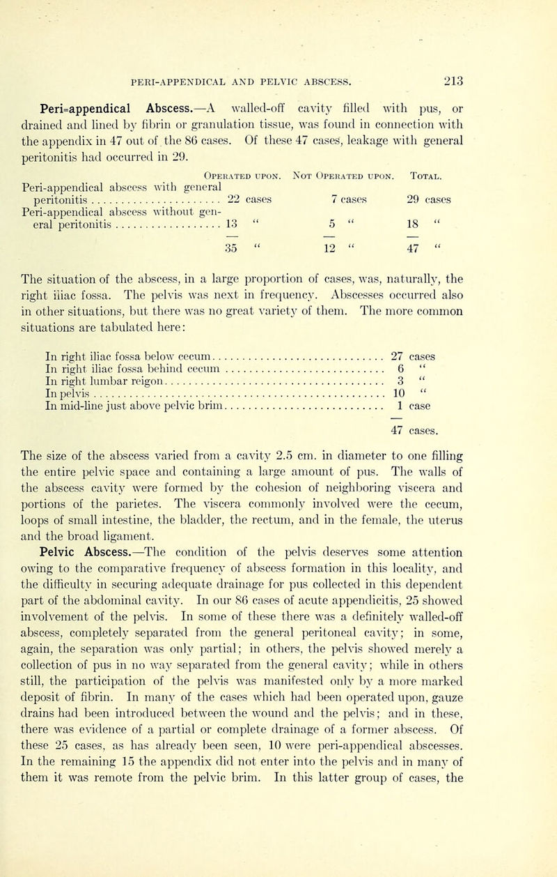 Peri=appendical Abscess.—A walled-off cavity filled Avith pus, or drained and lined by fibrin or granulation tissue, was found in connection with the appendix in 47 out of the 86 cases. Of these 47 cases, leakage with general peritonitis had occurred in 29. Operated upon. Not Upehated upon. Total. Peri-appendical abscess with general peritonitis 22 cases 7 cases 29 cases Peri-appendical abscess without gen- eral peritonitis 13  5  18  35  12  47  The situation of the abscess, in a large proportion of cases, was, naturally, the right iiiac fossa. The pelvis was next in frequency. Abscesses occurred also in other situations, but there was no great variety of them. The more common situations are tabulated here: In right iliac fossa below cecum 27 cases In right iliac fossa behind cecum 6  In right lumbar reigon 3  In pelvis 10  In mid-line just above pelvic brim 1 case 47 cases. The size of the abscess varied from a cavity 2.5 cm. in diameter to one filling the entire pelvic space and containing a large amount of pus. The walls of the abscess cavity were formed by the cohesion of neighboring viscera and portions of the parietes. The viscera commonly involved were the cecum, loops of small intestine, the bladder, the rectum, and in the female, the uterus and the broad ligament. Pelvic Abscess.—The condition of the pelvis deserves some attention owing to the comparative frequency of abscess formation in this locality, and the difficulty in securing adequate drainage for pus collected in this dependent part of the abdominal cavity. In our 86 cases of acute appendicitis, 25 showed involvement of the pelvis. In some of these there was a definitely walled-off abscess, completely separated from the general peritoneal cavity; in some, again, the separation was only partial; in others, the pelvis showed merely a collection of pus in no way separated from the general cavity; while in others still, the participation of the peh'is was manifested only by a more marked deposit of fibrin. In many of the cases Avhich had been operated upon, gauze drains had been introduced between the wound and the pelvis; and in these, there was evidence of a partial or complete drainage of a former abscess. Of these 25 cases, as has already been seen, 10 were peri-appendical abscesses. In the remaining 15 the appendix did not enter into the pelvis and in many of them it was remote from the pelvic brim. In this latter group of cases, the