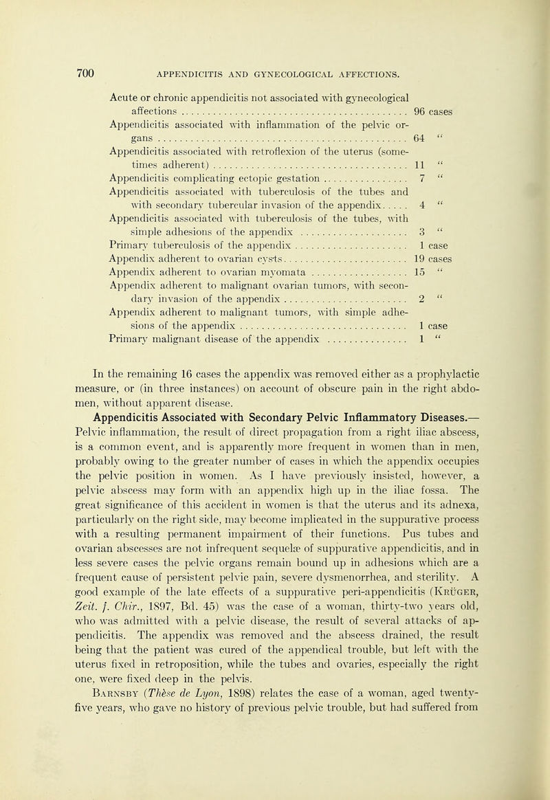 Acute or chronic appendicitis not associated with gynecological affections 96 cases Appendicitis associated with inflammation of the pelvic or- gans 64  Appendicitis associated with retroflexion of the uterus (some- times adherent) 11  Appendicitis complicating ectopic gestation 7  Appendicitis associated with tuberculosis of the tubes and with secondary tubercular invasion of the appendix 4  Appendicitis associated with tuberculosis of the tubes, with simple adhesions of the appendix 3  Primary tuberculosis of the appendix 1 case Appendix adherent to ovarian cys-ts 19 cases Appendix adherent to ovarian myomata 15  Appendix adherent to malignant ovarian tumors, with secon- dary invasion of the appendix 2  Appendix adherent to malignant tumors, with simple adhe- sions of the appendix 1 case Primary malignant disease of the appendix 1  In the remaining 16 cases the appendix was removed either as a prophylactic measure, or (in three instances) on account of obscui'e pain in the right abdo- men, without apparent disease. Appendicitis Associated with Secondary Pelvic Inflammatory Diseases.— Pelvic inflammation, the result of direct propagation from a right iliac abscess, is a common event, and is apparently more frequent in women than in men, probably owing to the greater number of cases in which the appendix occupies the pelvic position in women. As I have previously insisted, however, a pelvic abscess may form with an appendix high up in the iliac fossa. The great significance of this accident in women is that the uterus and its adnexa, particularly on the right side, may become implicated in the suppurative process with a resulting permanent impairment of their functions. Pus tubes and ovarian abscesses are not infrequent sequelte of suppurative appendicitis, and in less severe cases the pelvic organs remain bound up in adhesions which are a frequent cause of persistent pelvic pain, severe dysmenorrhea, and sterility. A good example of the late effects of a suppurative peri-appendicitis (Kruger, Zeit. f. Chir., 1897, Bd. 45) was the case of a woman, thirty-two years old, who was admitted with a pelvic disease, the result of several attacks of ap- pendicitis. The appendix was removed and the abscess drained, the result being that the patient was cured of the appendical trouble, but left with the uterus fixed in retroposition, while the tubes and ovaries, especially the right one, were fixed deep in the pelvis. Barnsby (TMse de Lyon, 1898) relates the case of a woman, aged twenty- five years, who gave no history of previous pelvic trouble, but had suffered from