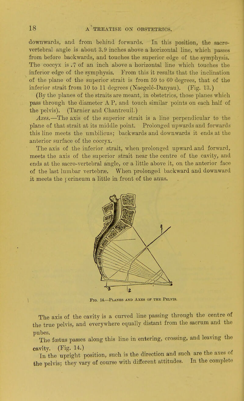 downwards, and from behind forwards. In this position, the sacro- vertebral angle is about 3.9 inches above a horizontal line, which passes from before backwards, and touches the superior edge of the symphysis. The coccyx is .7 of an inch above a horizontal line which touches tbe inferior edge of the symphysis. From this it results that the inclination of the plane of the superior strait is from 59 to 60 degrees, that of the inferior strait from 10 to 11 degrees (Naegele-Danyau). (Fig. 13.) (By the planes of the straits are meant, in obstetrics, those planes which pass through the diameter A P, and touch similar points on each half of the pelvis). (Tarnier and Chantreuil.) Axes.—The axis of the superior strait is a line perpendicular to the plane of that strait at its middle point. Prolonged upwards and forwards this line meets the umbilicus; backwards and downwards it ends at the anterior surface of the coccyx. The axis of the inferior strait, when prolonged upward and forward, meets the axis of the superior strait near the centre of the cavity, and ends at the sacro-vertebral angle, or a little above it, on the anterior face of the last lumbar vertebrae. When prolonged backward and downward it meets the perineum a little in front of the anus. Fio. 14.—Planes and Axes op the Pelvis. The axis of the cavity is a curved line passing through the centre of the true pelvis, and everywhere equally distant from the sacrum and the pubes. The foetus passes along this line in entering, crossing, and leavmg the cavity. (Fig. 14.) . . ^ m In the upright position, such is the direction and such are the axes ot the pelvis; they vary of course witli different attitudes. In the complete