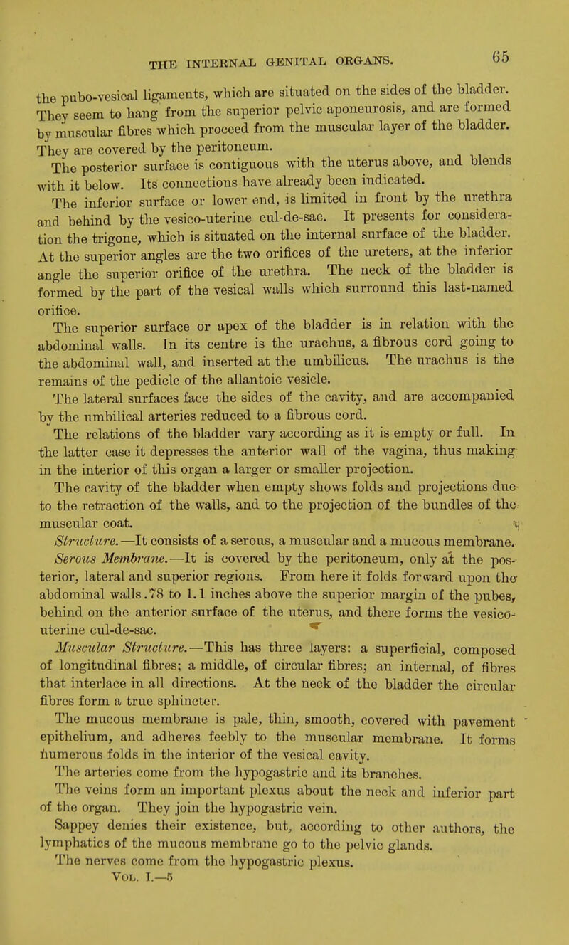 the pubo-vesical ligaments, which are situated on the sides of the bladder. They seem to hang from the superior pelvic aponeurosis, and are formed by muscular fibres which proceed from the muscular layer of the bladder. They are covered by the peritoneum. The posterior surface is contiguous with the uterus above, and blends with it below. Its connections have already been indicated. The inferior surface or lower end, is limited in front by the urethra and behind by the vesico-uterine cul-de-sac. It presents for considera- tion the trigone, which is situated on the internal surface of the bladder. At the superior angles are the two orifices of the ureters, at the inferior angle the superior orifice of the urethra. The neck of the bladder is formed by the part of the vesical walls which surround this last-named orifice. The superior surface or apex of the bladder is in relation with the abdominal walls. In its centre is the urachus, a fibrous cord going to the abdominal wall, and inserted at the umbilicus. The urachus is the remains of the pedicle of the allantoic vesicle. The lateral surfaces face the sides of the cavity, and are accompanied by the umbilical arteries reduced to a fibrous cord. The relations of the bladder vai-y according as it is empty or full. In the latter case it depresses the anterior wall of the vagina, thus making in the interior of this organ a larger or smaller projection. The cavity of the bladder when empty shows folds and projections due- to the retraction of the walls, and to the projection of the bundles of the. muscular coat. -tj Str^idure.—It consists of a serous, a muscular and a mucous membrane. Serous Membrane.—It is covered by the peritoneum, only a't the pos- terior, lateral and superior regions. From here it folds forward upon the abdominal walls.78 to 1.1 inches above the superior margin of the pubes^ behind on the anterior surface of the uterus, and there forms the vesico- uterine cul-de-sac. *^ Muscular Structure.—This has three layers: a superficial, composed of longitudinal fibres; a middle, of circular fibres; an internal, of fibres that interlace in all directioas. At the neck of the bladder the circular fibres form a true sphincter. The mucous membrane is pale, thin, smooth, covered with pavement epithelium, and adheres feebly to the muscular membrane. It forms Numerous folds in the interior of the vesical cavity. The arteries come from the hypogastric and its branches. The veins form an important plexus about the neck and inferior part of the organ. They join the hypogastric vein. Sappey denies their existence, but, according to other authors, the lymphatics of the mucous membrane go to the pelvic glands. The nerves come from the hypogastric plexus. Vol. T.—5