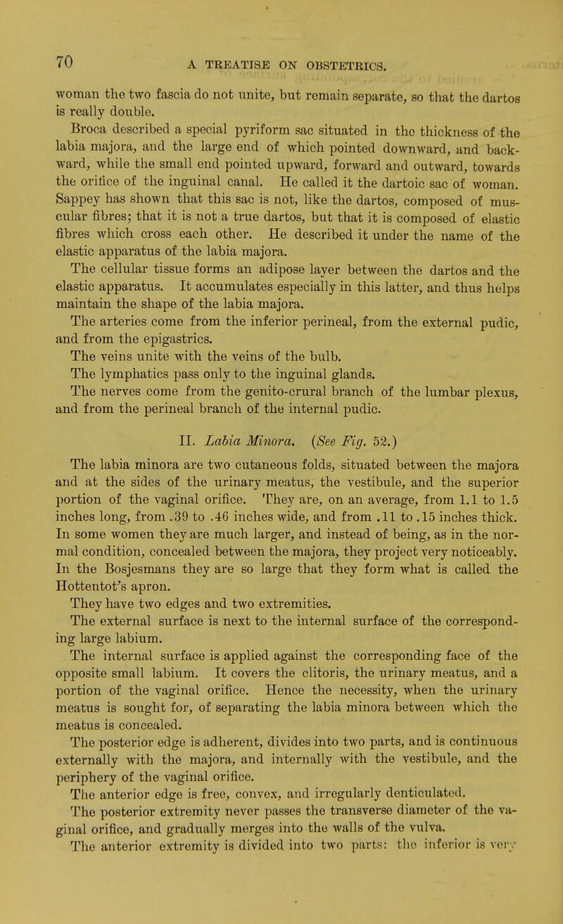 woman the two fascia do not unite, but remain separate, so that the dartos is really double. Broca described a special pyriform sac situated in the thickness of the labia majora, and the large end of which pointed downward, and back- ward, while the small end pointed upward, forward and outward, towards the orifice of the inguinal canal. He called it the dartoic sac of woman. Sappey has shown that this sac is not, like the dartos, composed of mus- cular fibres; that it is not a true dartos, but that it is composed of elastic fibres which cross each other. He described it under the name of the elastic apparatus of the labia majora. The cellular tissue forms an adipose layer between the dartos and the elastic apparatus. It accumulates especially in tliis latter, and thus helps maintain the shape of the labia majora. The arteries come from the inferior perineal, from the external pudic, and from the epigastrics. The veins unite with the veins of the bulb. The lymphatics pass only to the inguinal glands. The nerves come from the genito-crural branch of the lumbar plexus, and from the perineal branch of the internal pudic. II. Labia Minora. {See Fig. 52.) The labia minora are two cutaneous folds, situated between the majora and at the sides of the urinary meatus, the vestibule, and the superior portion of the vaginal orifice. They are, on an average, from 1.1 to 1.5 inches long, from .39 to .46 inches wide, and from .11 to .15 inches thick. In some women they are much larger, and instead of being, as in the nor- mal condition, concealed between the majora, they project very noticeably. In the Bosjesmans they are so large that they form what is called the Hottentot's apron. They have two edges and two extremities. The external surface is next to the internal surface of the correspond- ing large labium. The internal surface is applied against the corresponding face of the opposite small labium. It covers the clitoris, the urinary meatus, and a portion of the vaginal orifice. Hence the necessity, when the urinary meatus is sought for, of separating the labia minora between which the meatus is concealed. The posterior edge is adherent, divides into two parts, and is continuous externally with the majora, and internally with the vestibule, and the periphery of the vaginal orifice. The anterior edge is free, convex, and irregularly denticulated. The posterior extremity never passes the transverse diameter of the va- ginal orifice, and gradually merges into the walls of the vulva. The anterior extremity is divided into two parts: the inferior is very