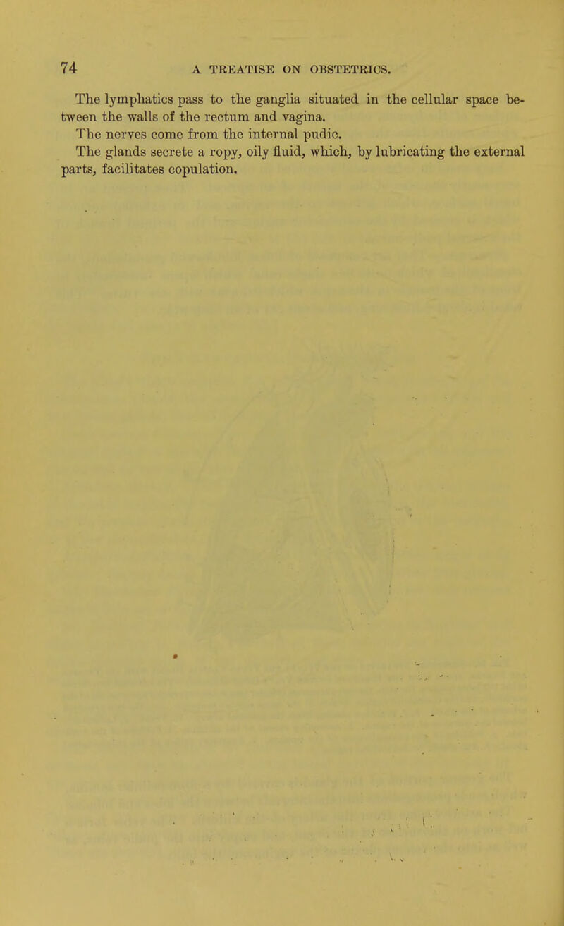 The lymphatics pass to the ganglia situated in the cellular space be- tween the walls of the rectum and vagina. The nerves come from the internal pudic. The glands secrete a ropy, oily fluid, which, by lubricating the external parts, facilitates copulation.