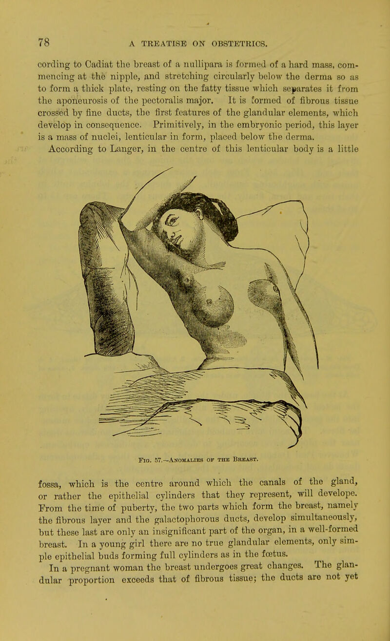 4 78 A TREATISE ON OBSTETRICS. cording to Cadiat the breast of a nullipara is formed of a hard mass, com- mencing at the nipple, and stretching circularly below the derma so as to form a thick plate, resting on the fatty tissue which se|>arates it from the aponeurosis of the pectoralis major. It is formed of fibrous tissue crossed by fine ducts, the first features of the glandular elements, which develop in consequence. Primitively, in the embryonic period, this layer is a mass of nuclei, lenticular in form, placed below the derma. According to Lauger, in the centre of this lenticular body is a little Fig. 57.—Anomalies op the Breast. fossa, which is the centre around which the canals of the gland, or rather the epithelial cylinders that they represent, will develope. Erom the time of puberty, the two parts which form the breast, namely the fibrous layer and the galactophorous ducts, develop simultaneously, but these last are only an insignificant part of the organ, in a well-formed breast. In a young girl there are no true glandular elements, only sim- ple epithelial buds forming full cylinders as in the foetus. In a pregnant woman the breast undergoes great changes. The glan- dular proportion exceeds that of fibrous tissue; the ducts are not yet