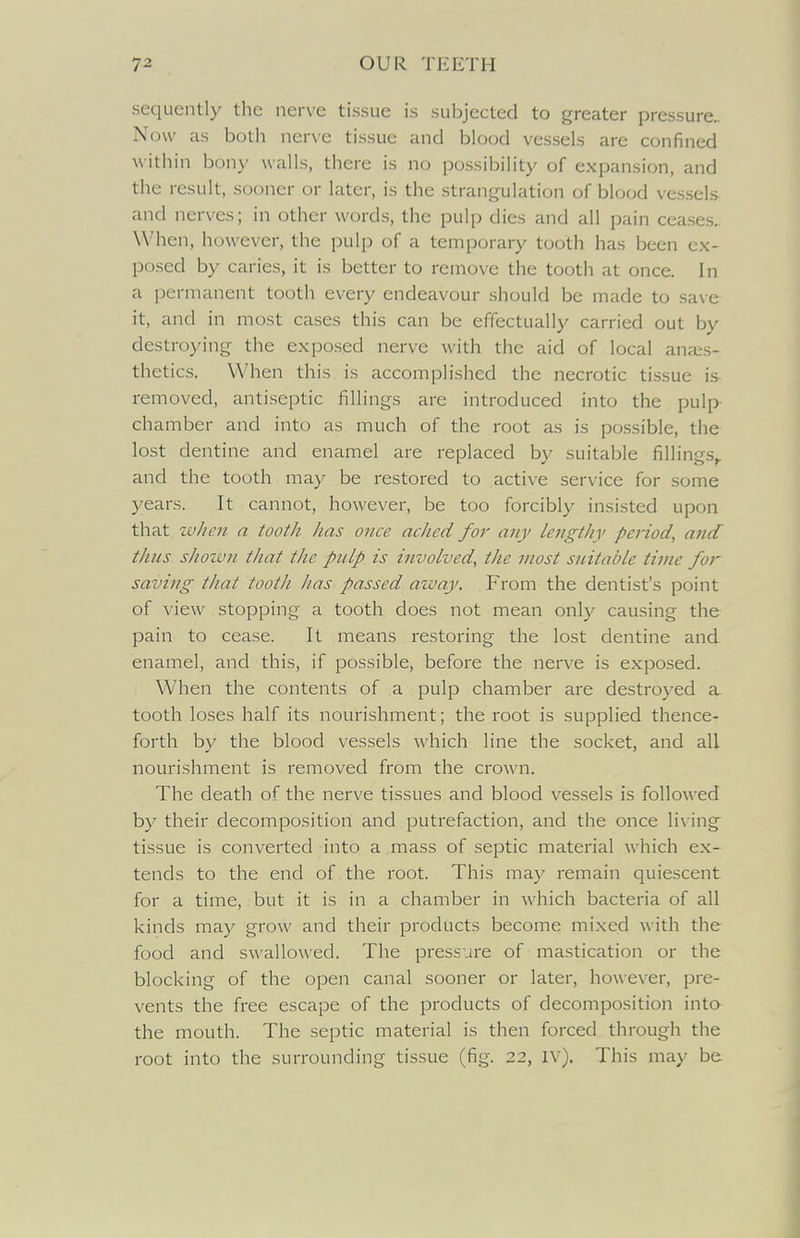 sequently the nerve tissue is subjected to greater pressure. Now as both nerve tissue and blood vessels are confined within bony walls, there is no possibility of expansion, and the result, sooner or later, is the strangulation of blood vessels and nerves; in other words, the pulp dies and all pain ceases.. When, however, the pulp of a temporary tooth has been ex- posed by caries, it is better to remove the tooth at once. In a permanent tooth every endeavour should be made to save it, and in most cases this can be effectually carried out by destroying the exposed nerve with the aid of local ana;s- thetics. When this is accomplished the necrotic tissue is removed, antiseptic fillings are introduced into the pulp- chamber and into as much of the root as is possible, the lost dentine and enamel are replaced by suitable fillings^ and the tooth may be restored to active service for some years. It cannot, however, be too forcibly insisted upon that when a tooth has once ached for any lengthy period, and thus shown that the pulp is involved, the most suitable time for saving that tooth has passed away. From the dentist's point of view stopping a tooth does not mean only causing the pain to cease. It means restoring the lost dentine and enamel, and this, if possible, before the nerve is exposed. When the contents of a pulp chamber are destroyed a tooth loses half its nourishment; the root is supplied thence- forth by the blood vessels which line the socket, and all nourishment is removed from the crown. The death of the nerve tissues and blood vessels is followed by their decomposition and putrefaction, and the once living tissue is converted into a mass of septic material which ex- tends to the end of the root. This may remain quiescent for a time, but it is in a chamber in which bacteria of all kinds may grow and their products become mixed with the food and swallowed. The pressure of mastication or the blocking of the open canal sooner or later, however, pre- vents the free escape of the products of decomposition into the mouth. The septic material is then forced through the root into the surrounding tissue (fig. 22, IV). This may be