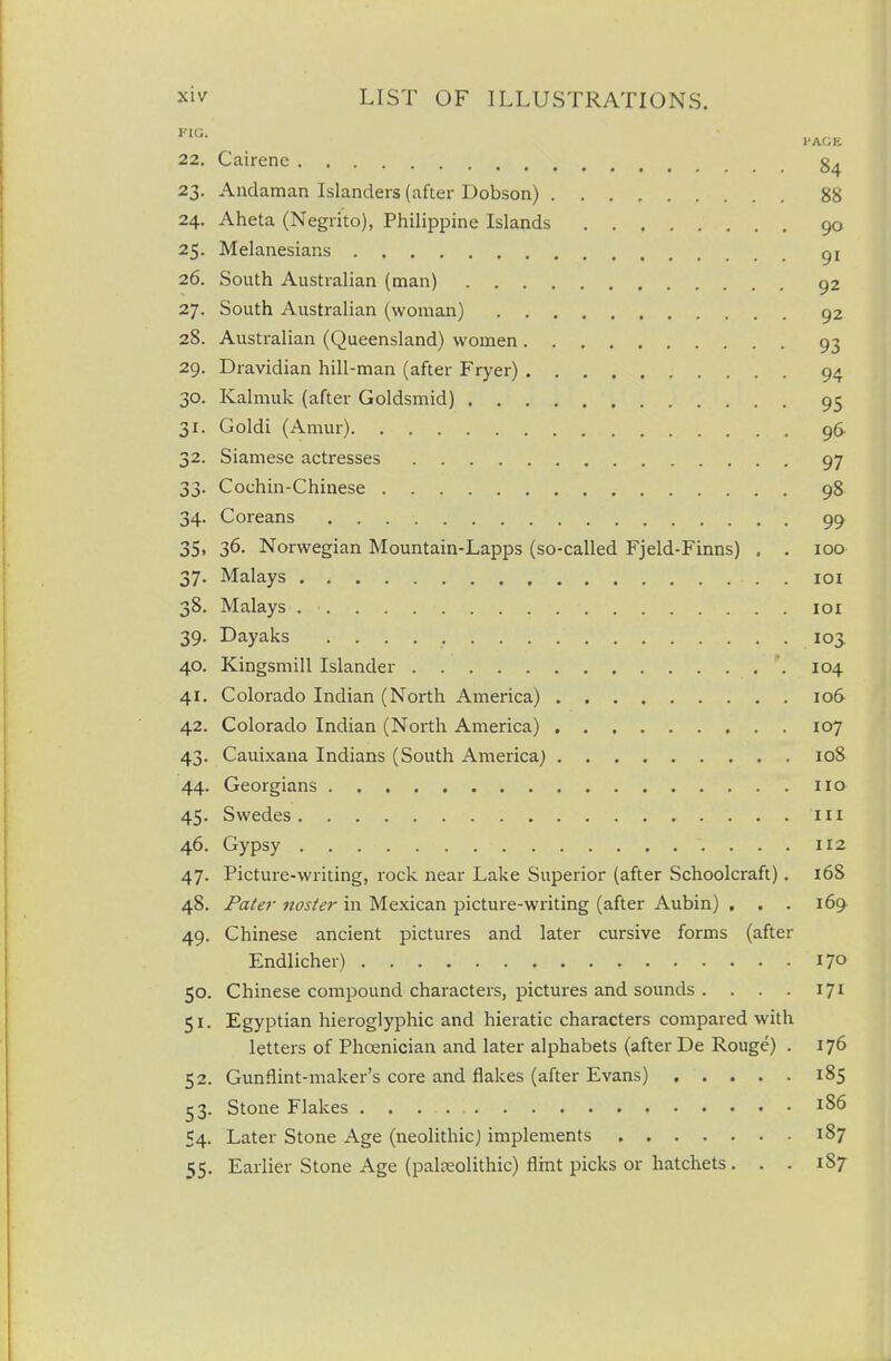 22. Cairenc 23. Andaman Islanders (after Dobson) 88 24. Aheta (Negrito), Philippine Islands 90 25. Melanesians gi 26. South Australian (man) 92 27. South Australian (woman) 92 28. Australian (Queensland) women 93 29. Dravidian hill-man (after Fryer) 94 30. Kalmuk (after Goldsmid) 95 31. Goldi (Amur) 96 32. Siamese actresses 97 33. Cochin-Chinese 98 34. Coreans 99 35. 36. Norwegian Mountain-Lapps (so-called Fjeld-Finns) , . 100 37. Malays loi 38. Malays loi 39. Dayaks 103 40. Kingsmill Islander 104 41. Colorado Indian (North America) 106 42. Colorado Indian (North America) 107 43. Cauixana Indians (South America) 108 44. Georgians no 45. Swedes in 46. Gypsy 112 47. Picture-writing, rock near Lake Superior (after Schoolcraft). 16S 48. Pater noster in Mexican picture-writing (after Aubin) , . . 169 49. Chinese ancient pictures and later cursive forms (after Endlicher) 170 50. Chinese compound characters, pictures and sounds . . . . 171 51. Egyptian hieroglyphic and hieratic characters compared with letters of Phcenician and later alphabets (after De Rouge) . 176 52. Gunflint-maker's core and flakes (after Evans) 185 53. Stone Flakes 1S6 54. Later Stone Age (neolithic) implements 187 55. Earlier Stone Age (palaaolithic) flint picks or hatchets. . . 187