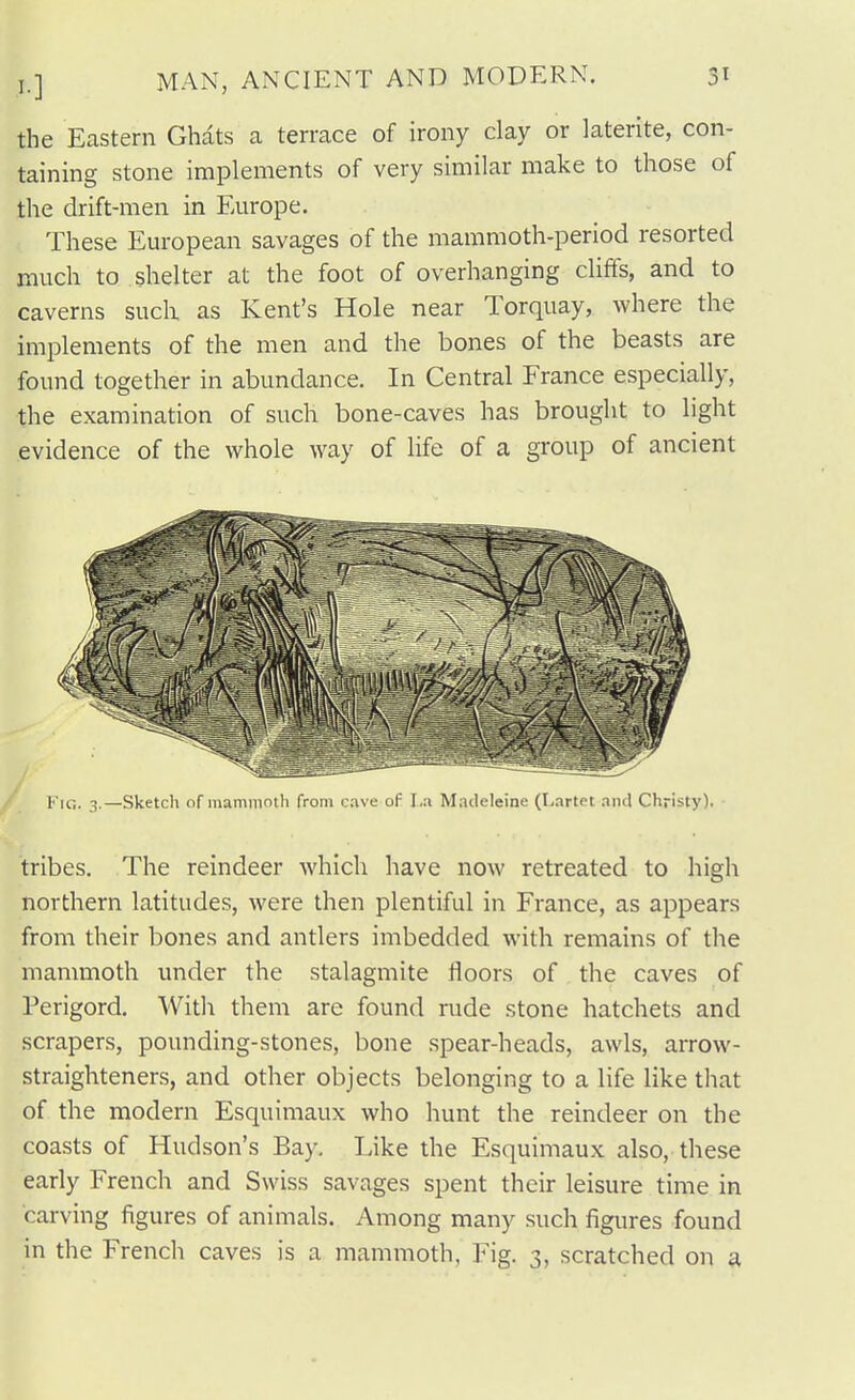 the Eastern Ghats a terrace of irony clay or laterite, con- taining stone implements of very similar make to those of the drift-men in Em'ope. These European savages of the mammoth-period resorted much to shelter at the foot of overhanging cliffs, and to caverns such as Kent's Hole near Torquay, where the implements of the men and the bones of the beasts are found together in abundance. In Central France especially, the examination of such bone-caves has brought to light evidence of the whole way of life of a group of ancient tribes. The reindeer which have now retreated to high northern latitudes, were then plentiful in France, as appears from their bones and antlers imbedded with remains of the mammoth under the stalagmite floors of the caves of Perigord. With them are found rude stone hatchets and scrapers, pounding-stones, bone spear-heads, awls, arrow- straighteners, and other objects belonging to a life like that of the modern Esquimaux who hunt the reindeer on the coasts of Hudson's Bay. Like the Esquimaux also, these early French and Swiss savages spent their leisure time in carving figures of animals. Among many such figures found in the French caves is a mammoth, Fig. 3, scratched on a