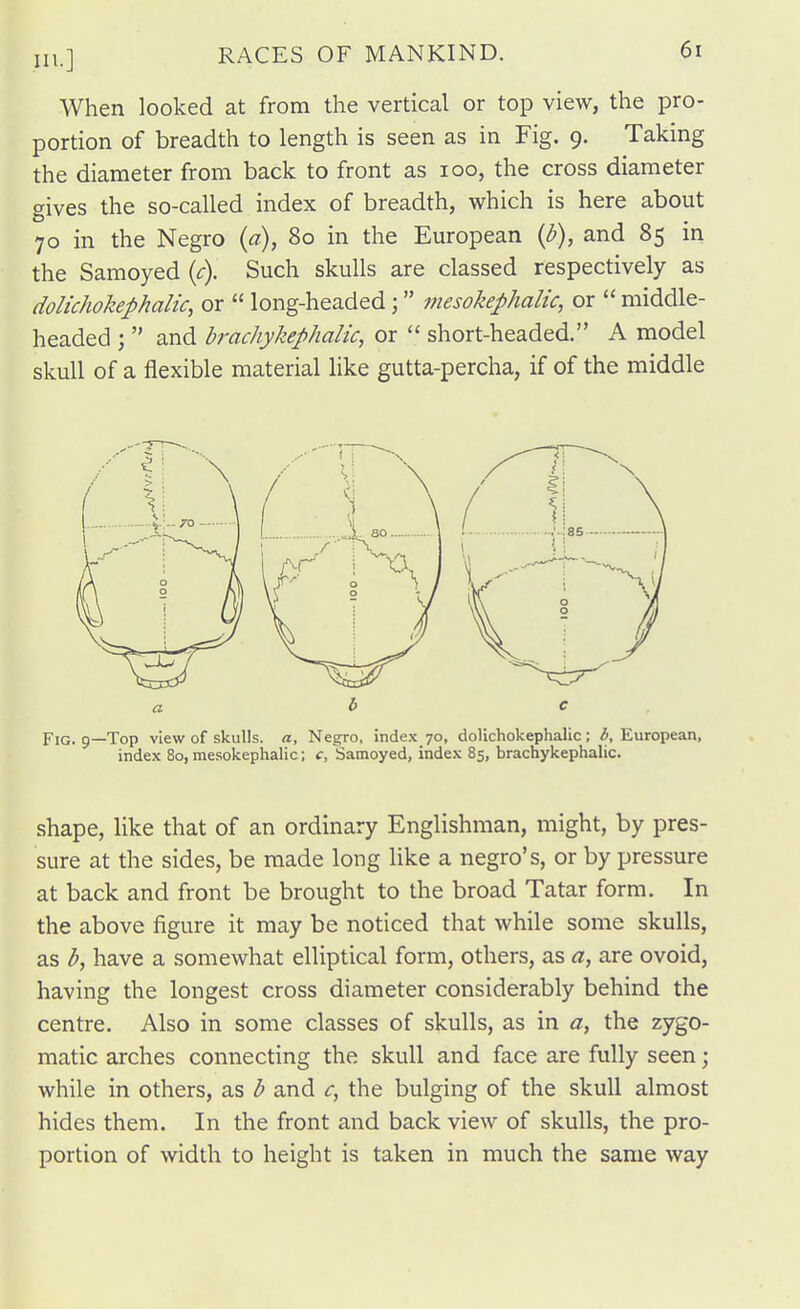 When looked at from the vertical or top view, the pro- portion of breadth to length is seen as in Fig. 9. Taking the diameter from back to front as 100, the cross diameter gives the so-called index of breadth, which is here about 70 in the Negro {a), 80 in the European {b), and 85 in the Samoyed {c). Such skulls are classed respectively as doUchokephalic, or  long-headed; mesokephalic, or  middle- headed ;  and brachykephalic, or  short-headed. A model skull of a flexible material like gutta-percha, if of the middle a b e . Fig. 9—Top view of skulls, a, Negro, index 70, dolichokephalic; b, European, index 80, mesokephalic; c, Samoyed, index 85, brachykephalic. shape, like that of an ordinary Englishman, might, by pres- sure at the sides, be made long like a negro's, or by pressure at back and front be brought to the broad Tatar form. In the above figure it may be noticed that while some skulls, as b, have a somewhat elliptical form, others, as a, are ovoid, having the longest cross diameter considerably behind the centre. Also in some classes of skulls, as in a, the zygo- matic arches connecting the skull and face are fully seen; while in others, as b and c, the bulging of the skull almost hides them. In the front and back view of skulls, the pro- portion of width to height is taken in much the same way