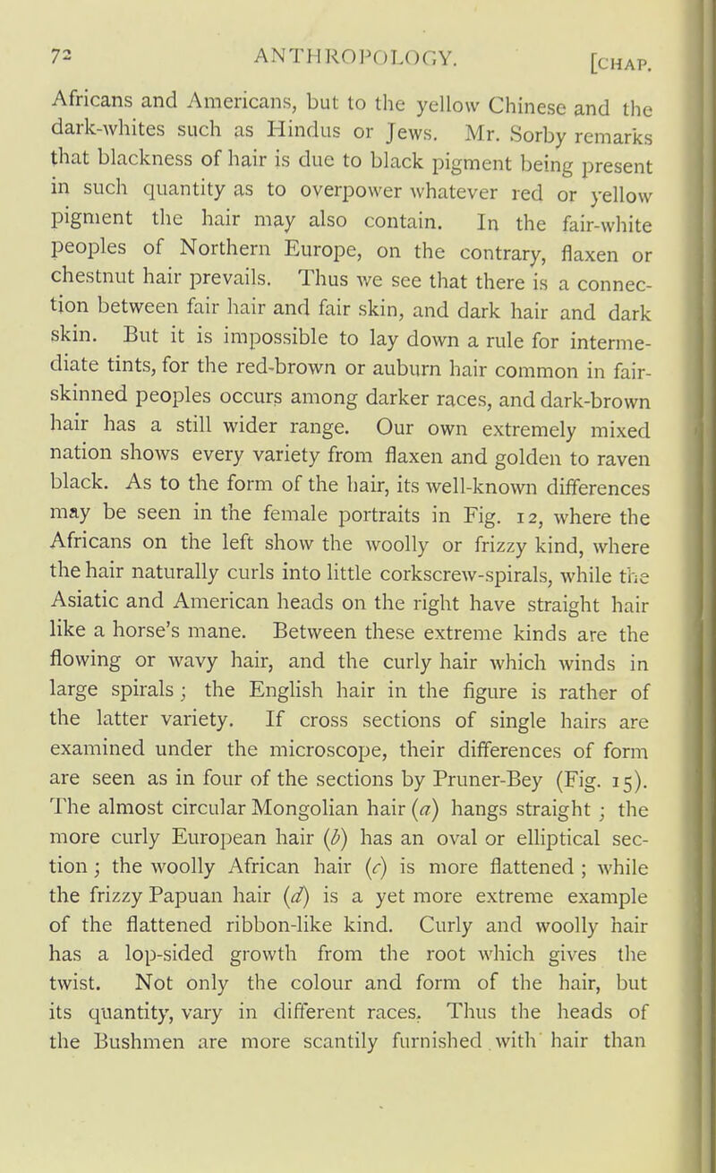 Africans and Americans, but to the yellow Chinese and the dark-whites such as Hindus or Jews. Mr. Sorby remarks that blackness of hair is due to black pigment being present in such quantity as to overpower whatever red or yellow pigment the hair may also contain. In the fair-white peoples of Northern Europe, on the contrary, flaxen or chestnut hair prevails. Thus we see that there is a connec- tion between fair hair and fair skin, and dark hair and dark skin. But it is impossible to lay down a rule for interme- diate tints, for the red-brown or auburn hair common in fair- skinned peoples occurs among darker races, and dark-brown hair has a still wider range. Our own extremely mixed nation shows every variety from flaxen and golden to raven black. As to the form of the hair, its well-known differences may be seen in the female portraits in Fig. 12, where the Africans on the left show the woolly or frizzy kind, where the hair naturally curls into little corkscrew-spirals, while the Asiatic and American heads on the right have straight hair like a horse's mane. Between these extreme kinds are the flowing or wavy hair, and the curly hair which winds in large spirals ; the English hair in the figure is rather of the latter variety. If cross sections of single hairs are examined under the microscope, their differences of form are seen as in four of the sections by Pruner-Bey (Fig. 15). The almost circular Mongolian hair {a) hangs straight ; the more curly European hair {b) has an oval or elliptical sec- tion ; the woolly African hair (r) is more flattened ; while the frizzy Papuan hair {d) is a yet more extreme example of the flattened ribbon-like kind. Curly and woolly hair has a lop-sided growth from the root which gives the twist. Not only the colour and form of the hair, but its quantity, vary in different races. Thus the heads of the Bushmen are more scantily furnished , with hair than