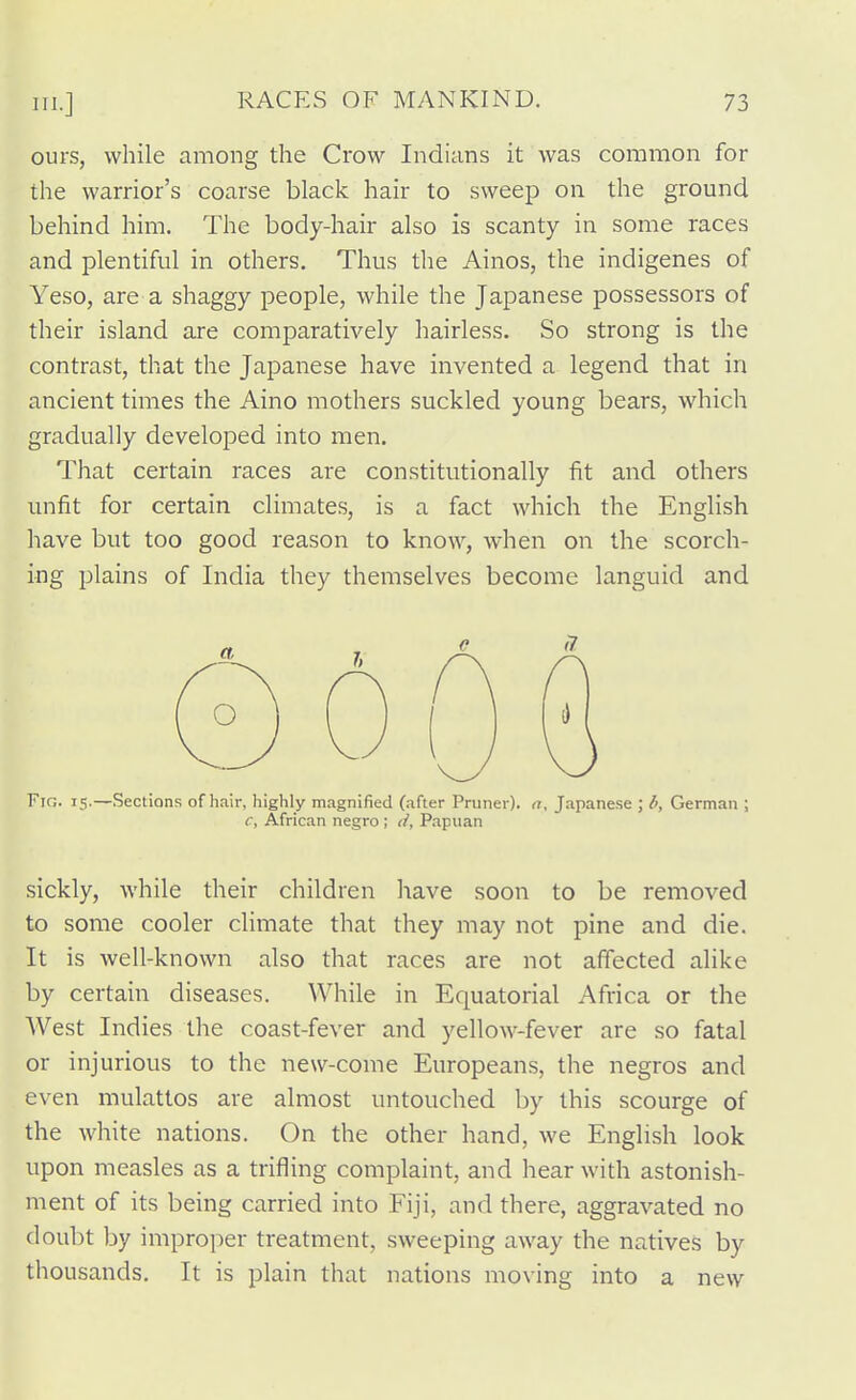 ours, while among the Crow Indians it was common for the warrior's coarse black hair to sweep on the ground behind him. The body-hair also is scanty in some races and plentiful in others. Thus the Ainos, the indigenes of Yeso, are a shaggy people, while the Japanese possessors of their island are comparatively hairless. So strong is the contrast, that the Japanese have invented a legend that in ancient times the Aino mothers suckled young bears, which gradually developed into men. That certain races are constitutionally fit and others unfit for certain climates, is a fact which the English have but too good reason to know, when on the scorch- ing plains of India they themselves become languid and Fir,. 15.—Sections of hair, highly magnified (after Primer). 11, Japanese ; /», German ; f, African negro ; d, Papuan sickly, while their children have soon to be removed to some cooler chmate that they may not pine and die. It is well-known also that races are not affected alike by certain diseases. While in Equatorial Africa or the West Indies the coast-fever and yellow-fever are so fatal or injurious to the new-come Europeans, the negros and even mulattos are almost untouched by this scourge of the white nations. On the other hand, we English look upon measles as a trifling complaint, and hear with astonish- ment of its being carried into Fiji, and there, aggravated no doubt by improper treatment, sweeping away the natives by thousands. It is plain that nations moving into a new