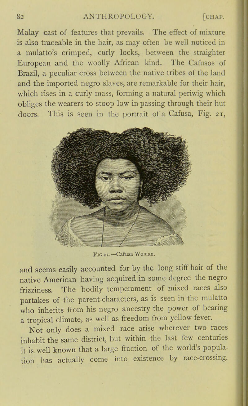 Malay cast of features that prevails. The effect of mixture is also traceable in the hair, as may often be well noticed in a mulatto's crimped, curly locks, between the straighter European and the woolly African kind. The Cafusos of Brazil, a peculiar cross between the native tribes of the land and the imported negro slaves, are remarkable for their hair, which rises in a curly mass, forming a natural periwig which obliges the wearers to stoop low in passing through their hut doors. This is seen in the portrait of a Cafusa, Fig. 21, I'lG 2i.~Cafusa Woman. and seems easily accounted for by the long stiff hair of the native American having acquired in some degree the negro frizziness. The bodily temperament of mixed races also partakes of the parent-characters, as is seen in the mulatto who inherits from his negro ancestry the power of bearing a tropical climate, as well as freedom from yellow fever. ) Not only does a mixed race arise wherever two races inhabit the same district, but within the last few centuries it is well known that a large fraction of the world's popula- tion lias actually come into existence by race-crossing.