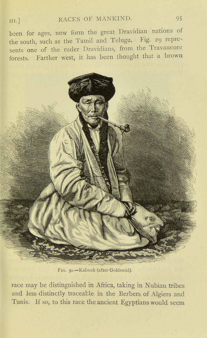 III.] been for ages, now form the great Dravidian nations of the south, such as the Tamil and Telugu. Fig. 29 repre- sents one of the ruder Dravidians, from the Travancore forests. Farther west, it has been thought that a brown Fig. 30.—Kalmuk (after Goldsmid). race may be distinguished in Africa, taking in Nubian tribes and less distinctly traceable in the Berbers of Algiers and Tunis. If so, to this race the ancient Egyptians would seem