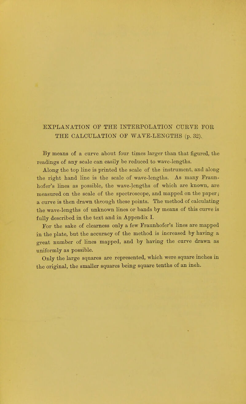 EXPLANATION OF THE INTERPOLATION CURVE FOR THE CALCULATION OF WAVE-LENGTHS (p. 32). By means of a curve about four times larger than that figm'ed, the readings of any scale can easily be reduced to wave-lengths. Along the top line is printed the scale of the instrument, and along the right hand line is the scale of wave-lengths. As many Fraun- hofer's lines as possible, the wave-lengths of which are known, are measured on the scale of the spectroscope, and mapped on the paper; a curve is then drawn through these points. The method of calculating the wave-lengths of unknown lines or bands by means of this curve is fully described in the text and in Appendix I. For the sake of clearness only a few Fraunhofer's lines are mapped in the plate, but the accuracy of the method is increased by having a great number of lines mapped, and by having the curve drawn as uniformly as possible. Only the large squares are represented, which were square inches in the original, the smaller squares being square tenths of an inch.