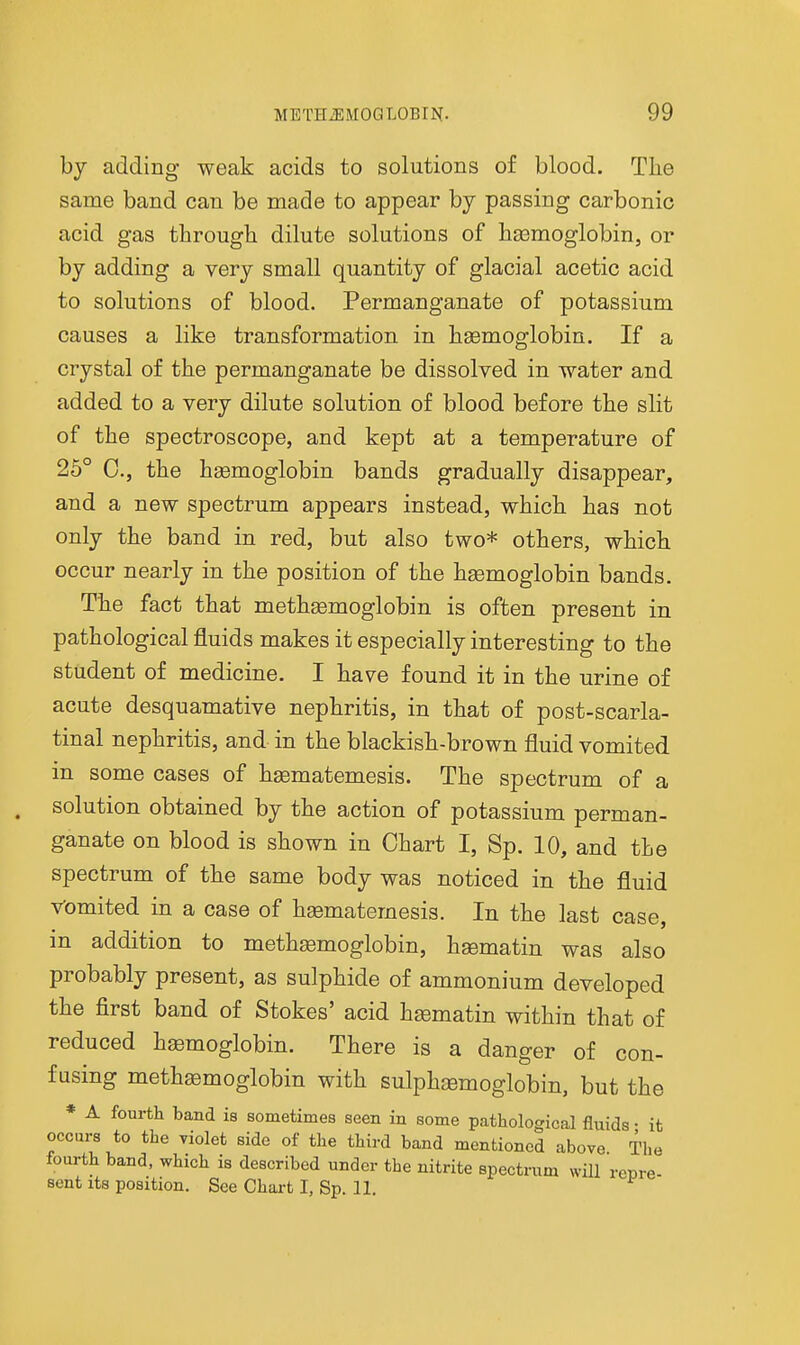 by adding weak acids to solutions of blood. The same band can be made to appear by passing carbonic acid gas througli dilute solutions of hasmoglobin, or by adding a very small quantity of glacial acetic acid to solutions of blood. Permanganate of potassium causes a like transformation in haemoglobin. If a crystal of the permanganate be dissolved in -water and added to a very dilute solution of blood before the slit of the spectroscope, and kept at a temperature of 25° C, the heemoglobin bands gradually disappear, and a new spectrum appears instead, which has not only the band in red, but also two* others, which occur nearly in the position of the hasmoglobin bands. The fact that methsemoglobin is often present in pathological fluids makes it especially interesting to the student of medicine. I have found it in the urine of acute desquamative nephritis, in that of post-scarla- tinal nephritis, and in the blackish-brown fluid vomited in some cases of hgematemesis. The spectrum of a solution obtained by the action of potassium perman- ganate on blood is shown in Chart I, Sp. 10, and the spectrum of the same body was noticed in the fluid vomited in a case of hsematemesis. In the last case, m addition to methsemoglobin, hasmatin was also probably present, as sulphide of ammonium developed the first band of Stokes' acid hasmatin within that of reduced haemoglobin. There is a danger of con- fusing meth^moglobin with sulph£emoglobin, but the * A fourtli band is sometimes seen in some pathological fluids • it occurs to the violet side of the third band mentioned above The fourth band, which is described under the nitrite spectrum will reure sent its position. See Chart I, Sp. 11.