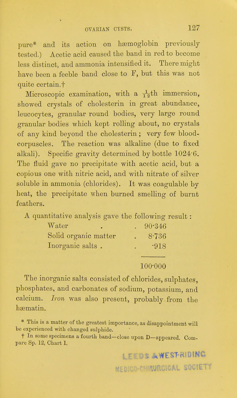 pure* and its action on liaamoglobin previously tested.) Acetic acid caused the band in red to become less distinct, and ammonia intensified it. There might have been a feeble band close to F, but this was not quite certain.! Microscopic examination, with a y^th immersion, showed crystals of cholesterin in great abundance, leucocytes, granular round bodies, very large round granular bodies which kept rolhng about, no crystals of any kind beyond the cholesterin ; very few blood- corpuscles. The reaction was alkaline (due to fixed alkali). Specific gravity determined by bottle 1024'6. The fluid gave no precipitate with acetic acid, but a copious one with nitric acid, and with nitrate of silver soluble in ammonia (chlorides). It was coagulable by heat, the precipitate when burned smelHng of burnt feathers. A quantitative analysis gave the following result: Water . . 90*346 Solid organic matter . 8*736 Inorganic salts . . '918 100-000 The inorganic salts consisted of chlorides, sulphates, phosphates, and carbonates of sodium, potassium, and calcium. Iron was also present, probably from the hsematin. * This is a matter of the greatest importance, as disappointment will be experienced with changed sulphide. t In some specimens a fourth band—close upon D—appeared. Com- pare Sp, 12, Chart 1. trrOS JiWEST-RIOINC MED.. mCiCAL SOCIETY