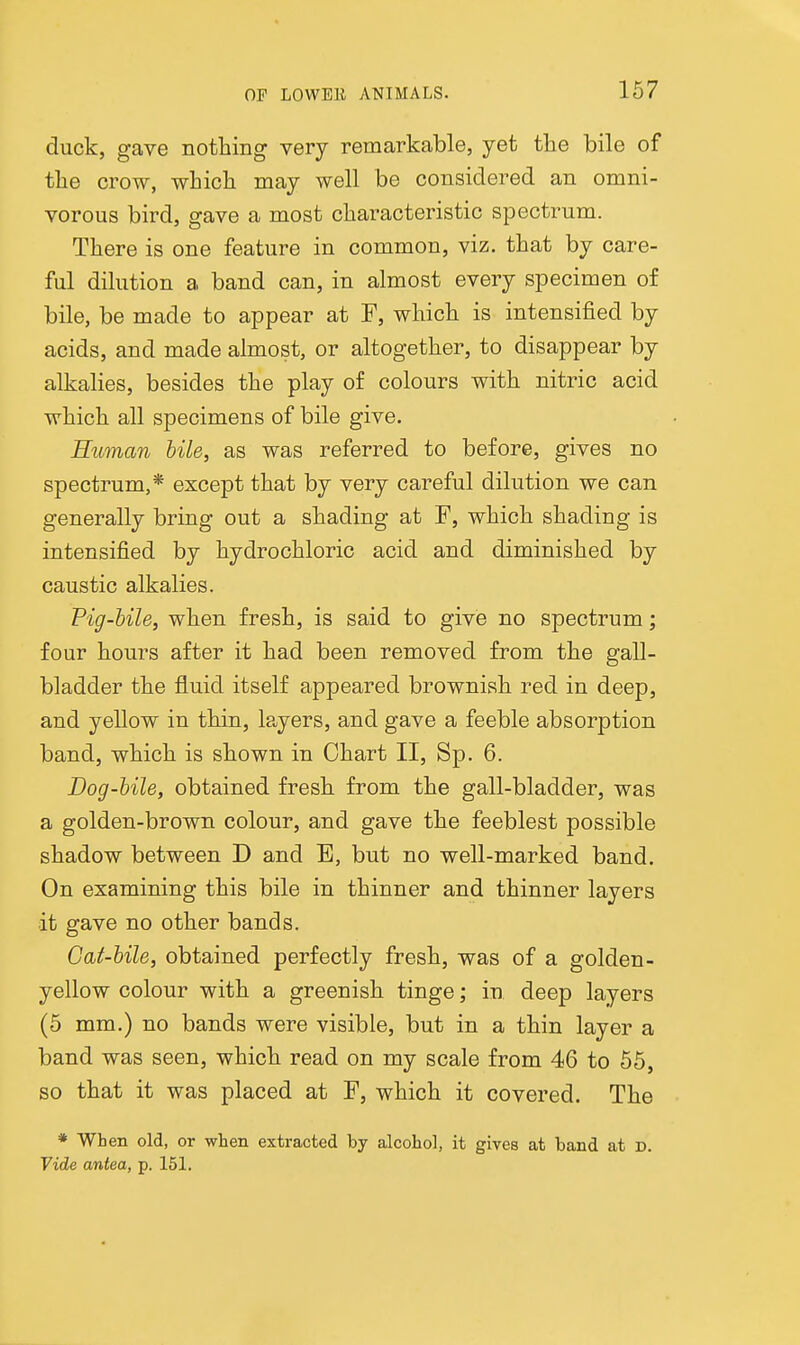 duck, gave nothing very remarkable, yet the bile of the crow, which may well be considered an omni- vorous bird, gave a most characteristic spectrum. There is one feature in common, viz. that by care- ful dilution a band can, in almost every specimen of bile, be made to appear at F, which is intensified by acids, and made almost, or altogether, to disappear by alkaHes, besides the play of colours with nitric acid which all specimens of bile give. Human bile, as was referred to before, gives no spectrum,* except that by very careful dilution we can generally bring out a shading at F, which shading is intensified by hydrochloric acid and diminished by caustic alkalies. Pig-bile, when fresh, is said to give no spectrum; four hours after it had been removed from the gall- bladder the fluid itself appeared brownish red in deep, and yellow in thin, layers, and gave a feeble absorption band, which is shown in Chart II, Sp. 6. Dog-bile, obtained fresh from the gall-bladder, was a golden-brown colour, and gave the feeblest possible shadow between D and E, but no well-marked band. On examining this bile in thinner and thinner layers it gave no other bands. Cat-bile, obtained perfectly fresh, was of a golden- yellow colour with a greenish tinge; in deep layers (5 mm.) no bands were visible, but in a thin layer a band was seen, which read on my scale from 46 to 56, so that it was placed at F, which it covered. The * When old, or when extracted by alcohol, it gives at band at d. Vide antea, p. 151,