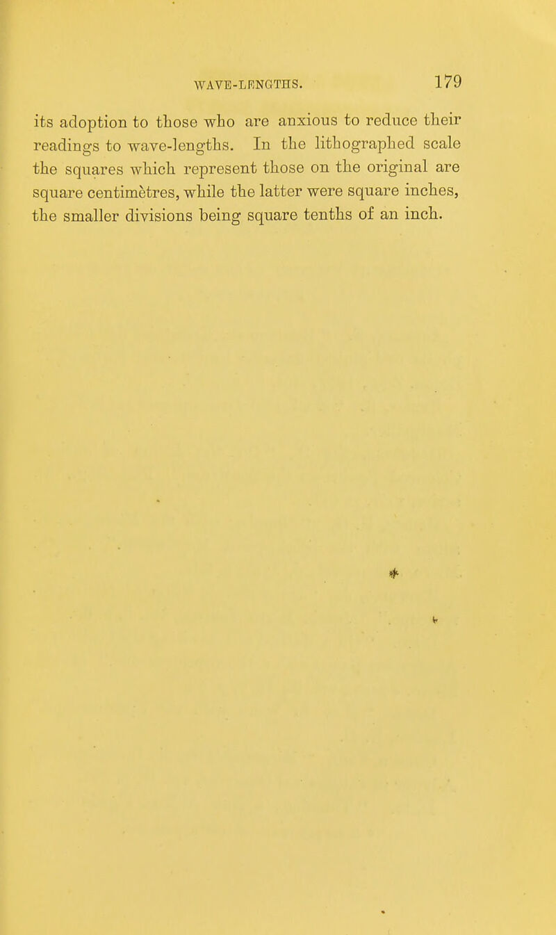 its adoption to those who are anxious to reduce their readings to wave-lengths. In the lithographed scale the squares which represent those on the original are square centimetres, while the latter were square inches, the smaller divisions being square tenths of an inch.