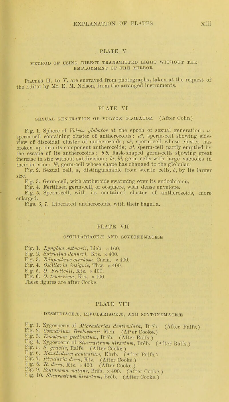 PLATE V METHOD OF USING DIRECT TRANSMITTED LIGHT WITHOUT THE EMPLOYMENT OF THE MIRROR Plates II. to V. are engraved from photographs, taken at the request of the Editor by Mr. E. M. Nelson, from the arranged instruments. PLATE VI SEXUAL GENERATION OF VOLVOX GLOBATOB. (After Cohn) Fig. 1. Sphere of Volvox globator at the epoch of sexual generation : a, sperm-cell containing cluster of antherozoids; a', sperm-cell showing side- view of discoidal cluster of antherozoids; a?, sperm-cell whose cluster has broken up into its component antherozoids; <z^, sperm-cell partly emptied by the escape of its antherozoids; 5&, flask-shaped germ-cells showing great increase in size without subdivision ; germ-cells with large vacuoles in their interior; germ-cell whose shape has changed to the globular. Fig. 2. Sexual cell, a, distinguishable from sterile cells, h, by its larger size. Fig. 3. Germ-cell, with antheroids swarming over its endochrome. Fig. 4. Fertilised germ-cell, or oosphere, with dense envelope. Fig. 5. Sperm-cell, with its contained cluster of antherozoids, more enlarged. Figs. 6, 7. Liberated antherozoids, with their flagella. PLATE Vir OSCILLAEIACEzE AND SCYTONEMACE^ Fig. 1. Lynghya a'Stvarii, Lieb. x IGO. Fig. 2. S/nriilina Jenni'rl. Ktz. x 400. Fig. 3. Tolypothrix cirrlicfa, Carm. x 400. Fig. 4. Osoillaria msifinis, Thw. x 400. Fig. 5. O. Frnlichii, Ktz. x 400. Fig. 6. 0. tetierrima, Ktz. x 400. These figures are after Cooke. PLATE VIII DESMIDIACEA!, KIVULAIUAUEVE, AND SC!\TONEMACE.ffi Fig. I. Zygosperm of Miorasterias dcntioulata, Br6b. (After Ealfs.) 1 ig. 2. CoHwarinm> Brehissnnii, Men. (Af'^er Cooke.) Fig. 3. Euastrvm pectlnatuiii, Dreb. (After Ealfs.) Fig. 4. Zygosperm of Stavrastrvm Mrsvtvm, Br6b. (Aftar Palfs.) I'lg. .5. ,S'. yracilc, Ralfs. (After Cooke.) Fig. (;. Xanthidivm aciih-ntnm, Elirb. (After llnlfs.^ iMg. 7. Rividinid. (lurn, Ktz. (After Cooko.) 1 ig. 8. li.. dura, Ktz. x 400. (After Cooke.) T ig. 9. Scyfonema natniu, Brfib. x 400. (After Cooke.) I'lg. 10, StauraHrum hirmituw, Brub. (After Cooke.)