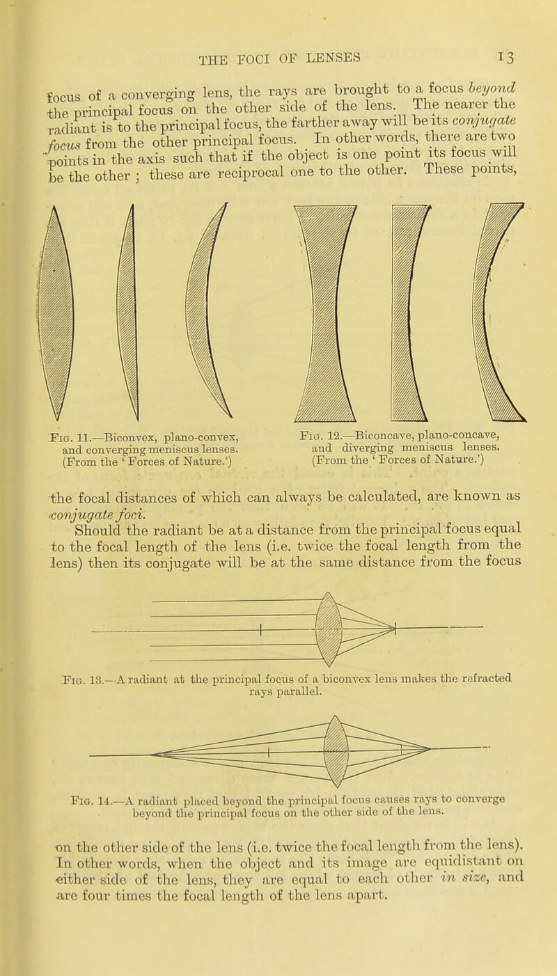 focus of a converging lens, the rays are brouglit to a focus heyond the principal focus on the other side of the lens The nearer the radiant is to the principal focus, the farther away wdl be its conjugate focus from the other principal focus. In other words, there are two wints in the axis such that if the object is one pomt its focus will be the other : these are reciprocal one to the other. These points. Tig. 11.—Biconvex, plano-convex, and converging meniscus lenses. (From the ' Forces of Nature.') Fig. 12.—Biconcave, plano-concave, and diverging meniscus lenses. (From the ' Forces of Nature.') the focal distances of which can always be calculated, are known as ■conjugate foci. Should the radiant be at a distance from the principal focus equal to the focal length of the lens (i.e. twice the focal length from the lens) then its conjugate will be at the same distance from the focus Fig. 13.—A radiant at the principal focus of a biconvex lens malies the refracted rays parallel. Fio. 14.—A radiant placed beyond the principal focus causes rays to converge beyond the principal focus on the other side of the lens. on the other side of the lens (i.e. twice the focal lengtli from the lens). In other words, when the object and its image are equidistant on «ither side of the lens, they are equal to each other in size, and are four times the focal length of the lens apart.