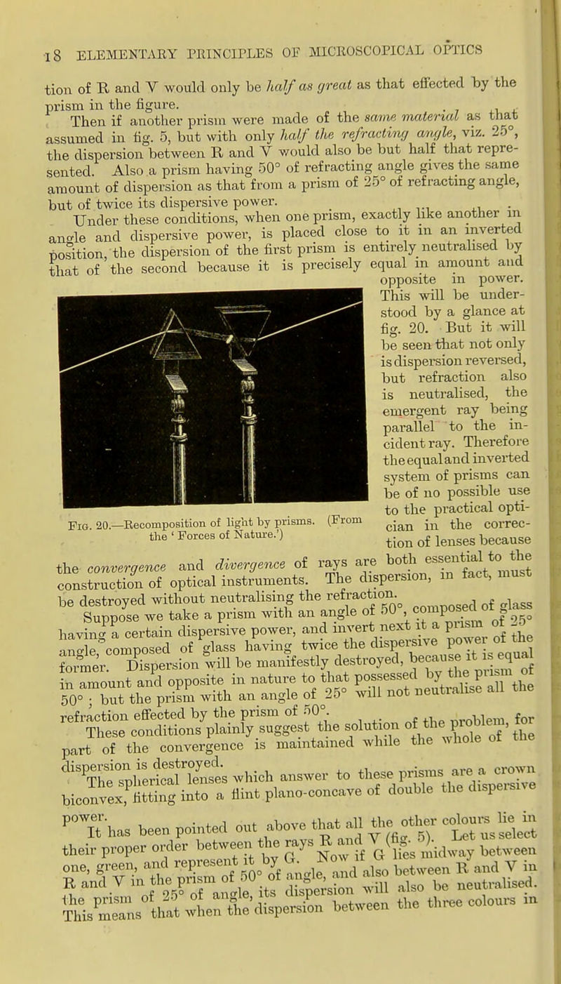 tion of R and V would only be halfaa great as that effected lay the prism in the figure. ■ i .-u t. Then if another prism were made of the same material as that assumed in fig. 5, but with only half the refracting angle, viz. 25°, the dispersion between R and V would also be but half that repre- sented Also a prism having 50° of refracting angle gives the same amount of dispersion as that from a prism of 25° of refractmg angle, but of twice its dispersive power. ^, • Under these conditions, when one prism, exactly like another in ancrle and dispersive power, is placed close to it in an inverted Position, the dispersion of the first prism is entirely neutralised by that of the second because it is precisely equal m amount and opposite m power. This will be under- stood by a glance at fig. 20. But it will be seen tliat not only is dispersion revei-sed, but refraction also is neutralised, the emergent ray being parallel to the in- cident ray. Therefore the equal and inverted system of prisms can be of no possible use to the practical opti- cian in the correc- tion of lenses because the convergence and divergence of rays are construction of optical instruments. The dispersion, in fact, must hp dpstroved without neutralising the refraction. j * i ^.c tppo'se we take a prism with an angle of ^^\^^-^^^^^\f^ havini i certain dispersive power, and invert next it a pusm ot ande composed of glass having twice the dispereive power ot the ?oTmer Dispersion will be manifestly destroyed, because it is e^^^^^ in amount and opposite in nature to that possessed by the P^i^m 50° bufthe prism with an angle of 25° will not neutralise all the refraction effected by the prism of 50° ^.roblem for These conditions plainly suggest the solution «f ^^^^t of ' the part of the convergence is maintained while the whole ot tne ''^ThtTpheri^^^^^^^^^ answer to these prisms are a crown biconvL'Sg il a fiint plano-concave of double the dispersive P^Thas been pointed out fove that a^^^ their proper order between the J^^^-f.^^^r^.'^Luvay between one, green, and r«F«^«%^* ^Jf ^;,„le Id a^o between R and V iu R and V in the prism^o^^^^^ also be neutralised. Kr tUtwLrtl!:'dispe between the three colours in Fig. 20.—Eecomposition of ligat by prisms. (From the ' Forces of Nature.'^