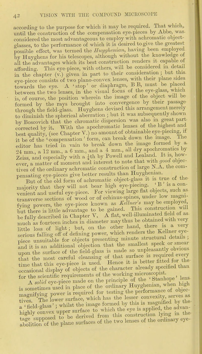 according to the purpose for which it may be required. That which,, until the construction of the compensation eye-pieces by Abbe, was- considered the most advantageous to employ with achromatic object- glasses, to the performance of which it is desired to give the greatest possible effect, was termed the Huycjhenian, having been employed by Huyghens for his telescopes, although without the knowledge of all the advantages which its best construction renders it capable of affording. This eye-piece, with others, will be considered in detail in the chapter (v.) given in part to their consideration ; but this- eye-piece consists of two plano-convex lenses, with their plane sides towards the eye. A 'stop' or diaphragm, B B, must be placed between the two lenses, in the visual focus of the eye-glass, which is of course, the position wherein the image of the object wiU be formed by the rays brought into convergence by their passage through the field-glass. Huyghens devised this arrangement merely to diminish the spherical aberration ; but it was subsequently shown by Boscovich that the chromatic dispersion was also m great part corrected by it. With the apochromatic lenses of the highest and best quality, (see Chapter V.) no amount of obtainab e eye-piecmg, i± it be of the ' compensation ' form, can break down the image The ecUtor has tried in vain to break down the image formed by a 24 mm a 12 mm, a 6 mm., and a 4 mm., all dry apochromatics by Zeiss, and especially with a ^th by Powell and Lealand It is, how- ever, a matter of moment and interest to note that with good objec- tives of the ordinary achromatic construction of large N. A. the com- pensating eye-pieces give better results than Huygheman. But of the old form of achromatic object-glass it is true ot the maiority that they will not bear high eye-piecmg. B is a con- venient and useful eye-piece. For viewing large flat objects, such as. transverse sections of wood or of echinus^spines, under low magm- fying powers, the eye-piece known as Kdlne^^s may be employed but there is 1 ttle advantage to be gained. This construction will brfuUy described in Chapter Y. A flat, well-iUuminated held of a. inuch Is fourteen inches in diameter may thus be ob auied with ve y little loss of light; but, on the o her ^^^'^ ^^^'^^^^^^'l serious falling off of defining PO^-«i\T^l^^'=^^-«f ^^J,^!, niece unsuitable for objects presenting minute structuial details , and its an additional objection that the smallest speck or smear upl tie surface of the field-glass is made so unpleasantly obvaous ILt the most careful cleansing of that -^^^ ^J^J time that this eye-piece is used. Hence it is better fitted tor tue oc'asLnal disp4 o^f objects of the character already specified than for the scientific requirements of ^Tf' < ^Tal^ lens A solid eye-piece made on the pruiciple of the Stanhope lens is somet mefused in place of the orcUnary Huygheman, when high maSy n' power is required for testing the performance of objec- Svfs The lower surface, which has the lesser convexity, sei es as T^\a tlnli' • whilst the image formed by this is magnified by the hiS Iv^ to which the'eye is applied, the advaji- highiy convex upp . -ye,^ fi-om this construction lying m the SklSte pl^: suof .h3 t.o len.es of the ovdma,-, eye-