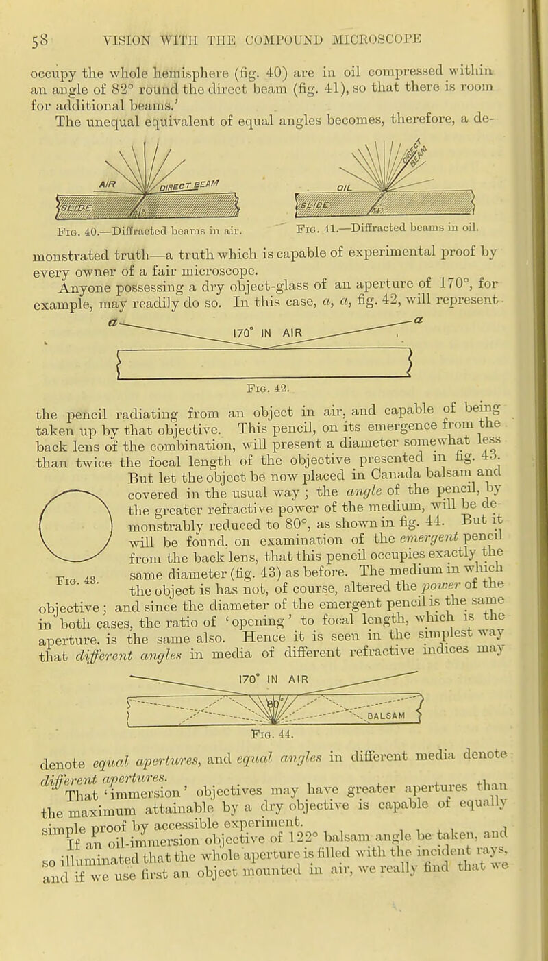 occupy the whole hemisphere (fig. 40) are in oil compressed within an augle of 82° round the direct beam (fig. 41), so that there is room for additional beams.' The unequal equivalent of equal angles becomes, therefore, a de- FiG. 40.—Diffracted beams iu air. Fig. 41.—Dillracted beams in oil. monstrated truth—a truth which is capable of experimental proof by every owner of a fair microscope. Anyone possessing a dry object-glass of an aperture of 170°, for example, may readily do so. In this case, a, a, fig. 42, will represent a~ ^ 170° IN AIR Fig. 42. the pencil radiating from an object in air, and capable of being taken up by that objective. This pencil, on its emergence from tne back lens of the combination, will present a diameter somewhat less than twice the focal length of the objective presented in hg. 45. But let the object be now placed in Canada balsam and covered in the usual way ; the angle of the pencil, by the greater refractive power of the medium, will be de- monstrably reduced to 80°, as shown in fig. 44. But it will be found, on examination of the emergent pencil from the back lens, that this pencil occupies exactly the same diameter (fig. 43) as before. The medium m which the object is has not, of course, altered the poioer ot the objective; and since the diameter of the emergent pencil is the same in both cases, the ratio of 'opening' to focal length, which is the aperture, is the same also. Hence it is seen in the simplest way that different angles in media of difierent refractive indices may Fig. 43. 170° IN AIR . BALSAM 1 Fig. 44. denote equal apertures, and equal angles in different media denote rJi^'erent ajjertures. , That'immersion' objectives may have greater apertures than the maximum attainable by a dry objective is capable of equally diTinle nroof by accessible experiment. , , . , j Tf an ^1-immersion objective of 122° balsam angle be taken, and so illuminated that the whole aperture is filled with tl-^^^cKlent my^^ and if we use first an object mounted in air, we really find that ^^e