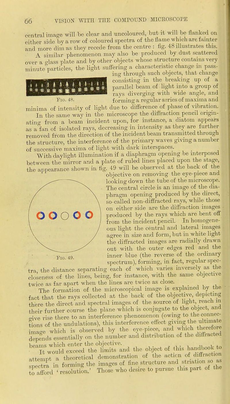 Fig. 48. central image will he clear and uncoloured, but it will be flanked on either side by a row of coloured spectra of the flame which are fainter and more dim as they recede from the centre : fig. 48 illustrates this. \ similar phenomenon may also be produced by dust scattered over a o-lass plate and by other objects whose structure contains very minute particles, the light suffering a characteristic change m pass- ing through such objects, that change  consisting in the breaking up of a parallel beam of light into a group of rays diverging with wide angle, and • forming a regular series of maxima and minima of intensity of light due to difference of phase of vibration. In the same way in the microscope the diffraction pencil origin- ating^ from a beam incident upon, for instance, a diatom appears as a&n of isolated rays, decreasing in intensity as they are further removed from the direction of the incident beam transmitted through the structure, the interference of the primary waves giving a number of successive maxima of light with dark interspaces. With daylight illumination if a diaphragm opening be interposed between the mirror and a plate of ruled lines placed upon the stage, the appearance shown in fig. 49 will be observed at the back of the objective on removing the eye-piece and looking down the tube of the microscope. The central circle is an image of the dia- phragm opening produced by the direct, so-called non-diffracted rays, while those on either side are the diffraction images ■ produced by the rays which are bent off from the incident pencil. In homogene- ous light the central and lateral images agree in size and form, but in white light the diffracted images are radially drawn out with the outer edges red and the inner blue (the reverse of the ordinary spectrum), forming, in fact, regular spec- tra the distance separating each of which varies inversely as the closeness of the lines, being, for instance, with the same objective twice as far apart when the lines are twice as close. . , , The formation of the microscopical image is explained by the fact that the rays collected at the back of the objective, depicting there the direct and spectr-al images of the source of light reach in their further course the plane which is conjugate to the object, ana cive rise tliere to an interference phenomenon (owing to the connec- tions of the undulations), this interference effect giving the ultimate imac^e which is observed by the eye-piece, and which therefore d™pemls essentially on the number and distribution of the diffracted beams which enter the objective. „ , . , j, i It Jould exceed the limits and the object of this Ijandbook to attempt a theoretical demonstration of the action of diffraction spec? a in forming the images of fine structure and striation so as to afford ' resolution.' Those who desire to pursue this part of the ooooo Fig. 49.