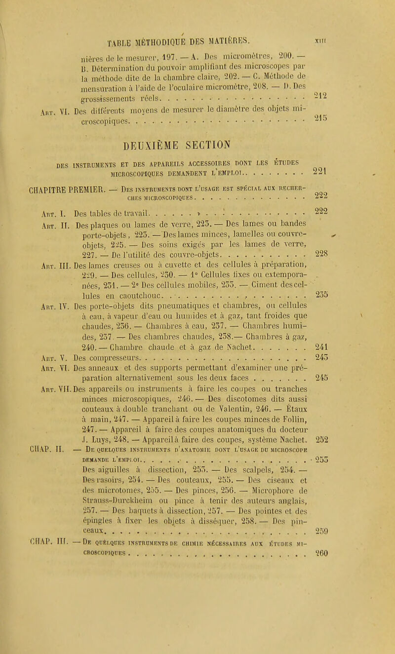 '212 221 222 rABI,E 5IÈTH0DIQUB DES JIATIKRES. iiièresdelemesuror, 197. —A. fins micromolrcs, 2110.— lî. Détermination du pouvoir amplifiant des microscopes par la méthode dite de la chambre claire, 202. — C. Méthode de mensuration à l'aide de l'oculaire micromètre, 208. — It.Des grossissements réels AiiT. VI. Des différents moyens de mesurer le diamètre des objets mi- croscopiques DEUXIÈME SECTION DES INSTRUMENTS ET DES APPAREILS ACCESSOIRES DONT LES ÉTUDES MICROSCOPIQUES DEMANDENT l'EMPLOI CHAPITRE PREMIER. — Des iNsxnuiiEîiTs dont l'usage est spkciai. aux reciier- ClIES MlCnOSCOPIQUES Art. 1. Des tables de travail > . . .' 222 Art. II. Des plaques ou lames de verre, 225. — Des lames ou bandes porte-objets, 225. —Des lames minces, lamelles ou couvre- objets, 2i5. — Des soins exigés par les lames de verre, 227. — De l'utilité des couvre-objets 228 Anr. III. Des lames creuses ou à cuvette et des cellules à préparation, 2-i9. — Des cellules, '250. — 1° Cellules lixcs ou c.\tempora- nées, 251. — 2» Des cellules mobiles, 255. — Ciment des cel- lules en caoutchouc. . • , 255 Art. IV. Des porte-objets dits pneumatiques et chambres, ou cellules à eau, à vapeur d'eau ou humides et à gaz, tant froides que chaudes, 256. — Chambres à eau, 257. — Chambres humi- des, 257. —- Des chambres chaudes, 258.— Chambres à gaz, 240.— Chambre chaude et à gaz de Cachet 241 AiiT. V. Des compresseurs 245 Art. VI. Des anneaux et des supports permettant d'examiner une pré- paration alternativemeni sous les deux faces 245 Art. VU. Des appareils ou instruments à faire les coupes ou tranches minces microscopiques, 240.— Des discotomes dits aussi couteaux à double tranchant ou de Valentin, 240. — Étaux à main, 247. — Appareil à faire les coupes minces de Follin, 247. — Appareil à faire des coupes anatomiques du docteur .1. Luys, 248. — Appareil à faire des coupes, système Nachet. 252 ClIAP. II. — De qoelqdes instruiie.nts d'anatomie bont l'usage du hichoscope DEMANDE l'eHPI.OI • 235 Des aiguilles à dissection, 255.— Des scalpels, 254.— Des rasoirs, 254. — Des couteaux, 255. — Des ciseaux et des microtomes, 255. — Des pinces, 250. — Microphore de Strauss-Durckheim ou pince ;i tenir des auteurs anglais, 257. — Des baquets à dissection, 257. — Des pointes et des épingles à fixer les objets à disséquer, 258. — Des pin- ceaux 259 ClI AP. III. —De quèi.ques instruments de chimie nécessaires aux études mi- croscopiques 260