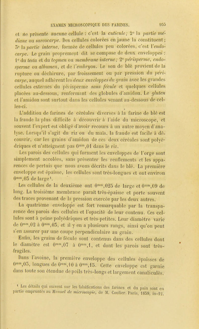 I EXAMEN MICROSCOPIQUE DES FARINES. 055 et i-1o présente aucune cellule : c'est la cuticule; S la partie mé- diane ou sarcocarpe. Des cellules colorées en jaune la constituent ; '5 \a partie interne, formée de cellules peu colorées, c'est Vendo- carpe. Le grain proprement dit se compose de deux enveloppes : i» du testa et du tecjmen ou membrane interne; 2 périsperme, endo- sperme ou albumen, et de l'embryon. Le son de blé provient de la rupture ou déchirure, par froissement ou par pression du péri- carpe, auquel adhérent les deux enveloppes du grain avec les grandes cellules extei-nes du péi isperme sans fécule et quelques cellules placées au-dessous, renfermant des globules d'amidon. Le gluten et l'amidon sont surtout dans les cellules venant au-dessous de cel- les-ci. L'addition de farines de céréales diverses à la farine de blé est la fraude la plus difficile à découvrir à l'aide du microscope, et souvent l'expert est obligé d'avoir recours à un autre moyen d'ana- lyse. Lorsqu'il s'agit du riz ou du maïs, la fraude est facile à dé- couvrir, car les grains d'amidon de ces deux céréales sont polyé- driques et n'atteignent pas O^'^^Ol dans le riz. Les parois des cellules qui forment les enveloppes de l'orge sont simplement accolées, sans présenter les renflements et les appa- rences de pertuis que nous avons décrits dans le blé. La première enveloppe est épaisse, les cellules sont très-longues et ont environ 0',03 de large 1. Les cellules de la deuxième ont 0'',025 de large et 0'',09 de long. La troisième membrane paraît très-épaisse et porte souvent des traces provenant de la pression exercée par les deux autres. La quatrième enveloppe est fort remarquable par la transpa- rence des parois des cellules et l'opacité de leur contenu. Ces cel- lules sont à peine polyédriques et très-petites. Leur diamètre varie de O'-'^.OS à 0'°',03, et il y en a plusieurs rangs, ainsi qu'on peut s'en assurer par une coupe perpendiculaire au grain. Enfin, les grains de fécule sont contenus dans des cellules dont le diamètre est 0'',07 à 0,1, et dont les parois sont très- fragiles. Dans l'avoine, la première enveloppe des cellules épaisses de O-^OS, longues de O^-MO à 0M5. Celte enveloppe est garnie dans toute son étendue de poils très-longs et largement canaliculés. » Les détails qui suivent sur les falsifications des farines et du pain sont en partie erapinintés au Manuel de microscopie, de M. Coulier. Paris, 1859, in-1'2.