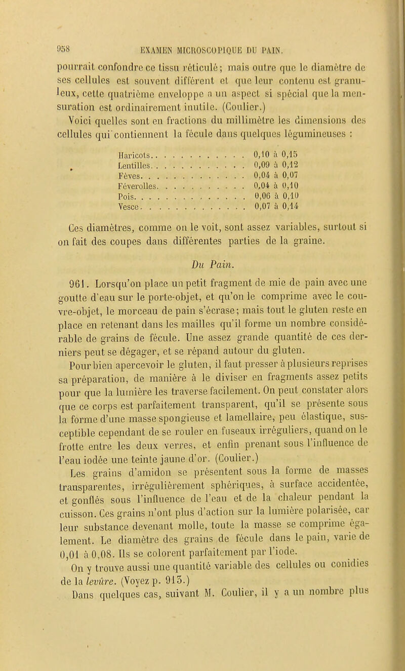 pourrait confondre ce tissu réticulé; mais outre que le diamètre de ses cellules est souvent diflerent et que leur contenu est granu- leux, celte quatrième enveloppe a un aspect si spécial que la men- suration est ordinairement inutile. (Coulier.) Voici quelles sont en fractions du millimètre les dimensions des cellules qui'contiennent la fécule dans quelques légumineuses : Haricols 0,10 ii 0,15 Lentilles 0,09 à 0,12 Fèves 0,04 à 0,07 FéveroUes 0,04 à O.IO Pois 0,06 à 0,10 Vesce 0,07 à 0,14 Ces diamètres, comme ou le voit, sont assez variables, surtout si on fait des coupes dans différentes parties de la graine. Du Pain. 961. Lorsqu'on place un petit fragment de mie de pain avec une goutte d'eau sur le porte-objet, et qu'on le comprime avec le cou- vre-objet, le morceau de pain s'écrase; mais tout le gluten reste en place en retenant dans les mailles qu'il forme un nombre considé- rable de grains de fécule. Une assez grande quantité de ces der- niers peut se dégager, et se répand autour du gluten. Pour bien apercevoir le gluten, il faut presser à plusieurs reprises sa préparation, de manière à le diviser en fragments assez petits pour que la lumière les traverse facilement. On peut constater alors que ce corps est parfaitement transparent, qu'il se présente sous la forme d'une masse spongieuse et lamellaire, peu élastique, sus- ceptible cependant de se rouler en fuseaux irréguliers, quand on le frotte entre les deux verres, et enfin prenant sous rinfiuence de l'eau iodée une teinte jaune d'or. (Coulier.) Les grains d'amidon se présentent sous la forme de masses transparentes, irrégulièrement sphériques, à surface accidentée, et gonflés sous l'influence de l'eau et de la cbaleur pendant la cuisson. Ces grains n'ont plus d'action sur la lumière polarisée, car leur substance devenant molle, toute la masse se comprime éga- lement. Le diamètre des grains de fécule dans le pain, varie de 0,01 à 0,08. Ils se colorent parfaitement par l'iode. On y trouve aussi une quantité variable des cellules ou conidies de la levure. (Voyez p. 913.) Dans quelques cas, suivant M. Coulier, il y a un nombre plus