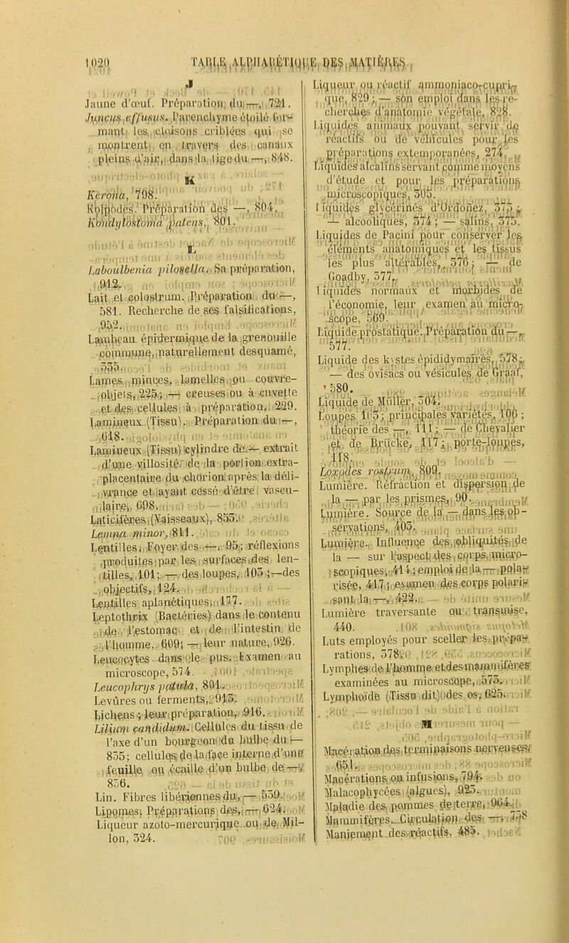 Jaune d'œuf. Préparation; (luitttt.i.VSH . I _mïti}-l| lqs,,,(;l((VSO|)S cribluGs qui- |se nj/?(jtj;,ejit|, Qiv. lfîiver^ desn canaux .'jjpljeia^ ;(i;ii(jii;,l4aos rla, .1 ige cUv r-^,, 8ri8. oijDi-yi ù Mriilasl) icjjl^:)!;/? bU sqmt'.o-vSM Ltthoulbenia jJi7(?8$ya,ofi8;pnâpiiEatàon, (,9^13i.-,v; rr. iiiliirn'i un^ : ■ii|0 ]t;ofjil'. |;3^t,.el coIoMrum. il^réparation Avi-i—, ' 581. Recherche de ses falsilicalious, ,05,2.,,,.,i,|i;in: (!•, ji.l.jni.i .■iiir.-.i-'nil/ L?j^ï^^^caa ép.jd'eriiidiq.iiede laigrenouille ^.ppinniupq,.natflreUement deaquamé, 933&ti.. .•.'! •!■ -■-■■•i ' !<nii .!•* (,gîP«i&., j-ftinues,. lamelliG^ .^pu ^ cpKwte- lipbjels, 225,; .-r-t creusesiou à cuvette a;,gt ctes|.cel,lules: à, préparatàoa, : 229. |,5i|ifljpjSux.(Tj5su).<Bféparptionidiati«-, ljÇiÇ5iiDeuXî(ïissti)!Gylindi'e dej-^v- extirait ^i.d^ujie viHosité.' ide ^la porlioa .extra- ^ ^placentaire. fJu ;chrtrionJ après: la^ dôll- IjiVi'pnce et..iayaiit cdssÙMd'iôtrél voscu- fiilairA, 098.Mr)i;i •••■•l. — ;()■/.(.! i^ticjfèjies 1 (V-aisseajJx)y855iH .aaiàJlg LPiinni^ Tinnor,>%ï\. ■ . nli lo oRir.j Léntillesj,J?;pyer.des.,--i a5i; réflexions  (PjioduifesipaJî le&.isurfacesidea len- ; (tilles, ,101 ;. des loupes, 105 ..jr-des l);pljjectif§,.124.,!, ■(ijjjikjji 1,1 i: — l,çjji,l4iiles aplanétiqueS)niiP(3.p^oh H'ilt^ ^eptothrisc (B£<cléries) dans Je contenu 9l,d.<5., ^',estoiTiac- et-ideii.irintestin de gaVhtimme.-'fiOQi -^,leur nature, 920. l.eiiGOpytes dans:ûle.-pusii^b«aaienMaa mici-oscope, 574. Ji)(iJ .'>hnl;ieo,a Leucophrijs pattdâ, 8lil'L;i^i, i -i nV. Levures ou ferments,■-915:. ■..n -) hW ychens ; leui-ipréparalioa, MQ., i' juK Lilium caîîdiçiwm- Cellules du tissui fie l'axe d'un boujîgoondia hulhe du i— 8Ô5; cellules,(lei.la,face interne,d'iWR ,1'eviille on .écaille,d!un bulbe, de;-^rW 836. — i;i Ml. .II. ia Lin. Fibres libéwnnea^Pf—■.^59,.|>>If Lipqjnesi Pyipa.ratiops de^.i—1024; , i/ LUiu'eur azoto-mercurjqjy>e-OHj)dQi JU Ipn, 324. voe .ROTna^iai^M I (^ufi, 829;|— spn eijriplpi dans le,^ re-' chercliçs d'^i|fia^pi|iin ^VL'gc'tale, 8Jj^. Li(ji,ii,d|ês aiiimauy' |iouyaiit_ sej'viv^'d^ ' reaictifs bu de Vélliïculcs pouj;'^s T^oyçns — ,. —^ j, £j-epnriit,ions extempovanées^, 2'74, fàquiclcs alc'alinssèrvaiii poijinrie n,i|Oyç d'étude le et pour, les préparations Ufuidés glycçnnes dOrdoue?, 3<5i '— 'alcooilquès, 374 ;'—salins,'^/j. liquides de l'acini pour Içônser^^^ ^'ei'^ments'mialoniiqucs'et lef,.iisfc ' plus lés 1 iqni alLcrabks, SlG; — de 'S, normaux et morbides l'économie, leur .examen ^ii'i rrjici'Q7 .5Cope, 569. , ' LîWMe(J,eskvstjes,épidi^,ym^^^^^ — des oviéacs ou vésicul^..^e lyr^af, Lo.vipe? Ili3;^principales Variétés^ I'' ' 1 théorie cles'^,. ill; — de ' ^iHi.iK ')L Jy !oof.|f, h - Lumière. Aefraction et diijf^^s^§gi.^e „l)%,T?r, m, , prismes, i ,9,9 ^giuridiralf V,ijjTii.ère. Source 5\y5„-ï.,fj^nyfifig])- .,^erva^ip))s,, 405,, omii-ii^e f>ni.< Li^mjçpc., Inlluenije dçp,iojbliq|Uitps,tde la — sur Uaspectide.S,c,(îr,ps,;mifil'P- î scopiquesi: 41 i ; ernploi (je ila—:Pfil9fi! risée, 4:l,'î,î,AiiipWi.#g,CPÇB? PQlwiK _,ç{infr.l!)i W>fi23>i: — 3b 'iJimi s-\ii<.'iV. Lumière traversante puii: VV*n^VW|c, 440. iOX .vA>ir>roV- î>\«^'^^ Luts employés pour sceller ies,.pi\«^W, rations, 578vi:' l'j''' .<-i'>-j'j fAV. Ly mphesid» l'hcmnia etde&maiuniit^BÇff examinées au microscope,i;a7ft.') ijilf •' LyjEnphoiïde (.Tissïi .dit)lides osv fiSOM'DiK ■^y,t)^ ,— 3'iii!li):jo 1 9b obin l u iioilr.-r .r,l£' ,?.lMjdo ?.flË'mti>i9m inoij — f'fli'. ,<Hri.]i;'!vit(ii!ii-'Vt irK ^-.ft^iiMaMqooau i Miiia ih iqoaao'ioiK M3o4rationSi0.iJ.iDfusi^iSîi794t >ob uo Jlalacophycées, (algues), ;a?3i,i.ij;iuin Mîiladie des, p.oinmes ^e!ter,çet)-9<5>i4b ^ M.ummifprps JjCi;'Cu}i}t.W|),,dCS% ^ i ^^ JUnjpreMjpt-desyfflac^if?, Jodaeil