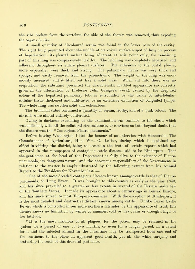 the ribs broken from the vertebrse, the side of the thorax was removed, thus exposing the organs in situ. A small quantity of discoloured serum was found in the lower part of the cavity. The right lung presented about the middle of its costal surface a spot of lung in process of hepatisation; its pleviral surface being adherent at this point only, the remaining part of this lung was comparatively healthy. The left lung was completely hepatised, and adherent throughout its entire pleural surfaces. The adhesions to the costal pleura, more especially, were thick and strong. The pulmonary pleura was very thick and spongy, and easily removed from the parenchyma. The weight of the lung was enor- mously increased, and it lifted out like a solid mass. When cut into there was no crepitation, the substance presented the characteristic marbled appearance (so correctly given in the illustration of Professor John Gamgee's work), caused by the deep red colour of the hepatised pulmonary lobules surrounded by the bands of interlobular- cellular tissue thickened and infiltrated by an extensive exudation of congealed lymph. The whole lung was swollen solid and cedematous. The bronchial tubes contained a quantity of serum, frothy, and of a pink colour. The air-cells were almost entirely obliterated. Owing to darkness overtaking us the examination was confined to the chest, which was suflBcient, with all the collateral circiimstances, to convince us both beyond doubt that the disease was the Contagious Pleuro-pneumonia. Before leaving Washington I had the honour of an interview with Honourable The Commissioner of Agriculture, Hon. Wm. G. LeDuc, during which I explained my object in visiting the district, being to ascertain the truth of certain reports which had appeared in the newspapers of contagious cattle disease, said to be Rinderpest. That the gentleman at the head of the Department is fully alive to the existence of Pleuro- pneumonia, its dangerous nature, and the enormous responsibility of the Government in relation to the matter, is amply illustrated by the following extract ft-om his Annual Report to the President for November last:— One of the most dreaded contagious diseases known amongst cattle is that of Pleuro- pneumonia, or Lung Fever. It was brought to this country as eaily as the year 1843, and has since prevailed to a greater or less extent in several of the Eastern and a few of the Southern States. It made its appearance about a century ago in Central Europe, and has since spread to most European countries. With the exception of Rindex'pest, it is the most dreaded and destructive disease known among cattle. Unlike Texas Cattle Fever, which is controlled in our more northern latitudes by the appearance of frost, this disease knows no limitation by winter or summer, cold or heat, rain or drought, high or low latitude. It is the most insidious of all plagues, for the poison may be retained in the system for a period of one or two months, or even for a longer period, in a latent form, and the infected animal in the meantime may be transported from one end of the continent to the other in apparent good health, yet all the while carrying and scattering the seeds of this dreadful pestilence.