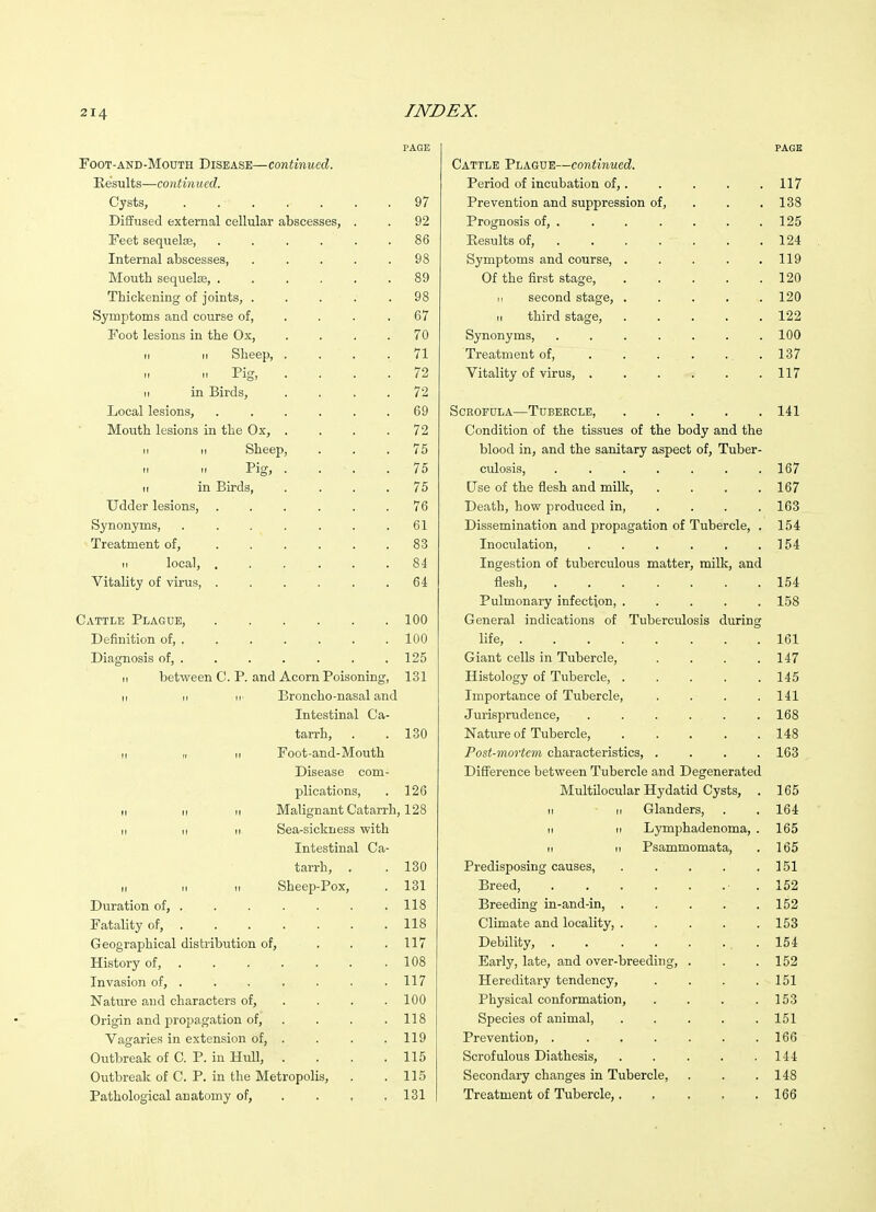 roOT-AND-MODTH DISEASE—COniiMMCC^. Results—continued. Cysts, 97 Diffused external cellular abscesses, . . 92 Feet sequeloe, . . . . . .86 Internal abscesses, . . . . .98 Mouth sequelse, . . . . . .89 Thickening of joints, ..... 98 Symptoms and course of, .... 67 Foot lesions in the Ox, .... 70 II II Sheep, .... 71 II Pig, .... 72 II in Birds, .... 72 Local lesions, ...... 69 Mouth lesions in the Ox, . . . .72 II II Sheep, ... 75 II II Pig, .... 75 II in Birds, . . . .75 Udder lesions, . . . . . .76 Synonyms, . . . . . . .61 Treatment of, 83 II local, 84 Vitality of virus, . . . . . .64 Cattle Plague, 100 Definition of, . . . . . . . 100 Diagnosis of, . . . . . . . 125 II between C. P. and Acorn Poisoning, 131 II II II Broncho-nasal and Intestinal Ca- tarrh, . . 130 M II n Foot-and-Mouth Disease com- plications, . 126 II II II Malignant Catarrh, 128 II II II Sea-sickness with Intestinal Ca- tarrh, . .130 II II II Sheep-Pox, . 131 Duration of, ...... . 118 Fatality of, 118 Geographical distribution of, . . .117 History of, 108 Invasion of, ...... . 117 Nature and characters of, . . . .100 Origin and propagation of, . . . .118 Vagaries in extension of, . . . .119 Outbreak of C. P. in Hull, . . . .115 Outbreak of C. P. in the Metropolis, . .115 Pathological anatomy of, . . . .131 PAGE Cattle Plague—continued. Period of incubation of, 117 Prevention and suppression of, . . .138 Prognosis of, . . . .... 125 Results of, 124 Symptoms and course, 119 Of the first stage, 120 II second stage, 120 II third stage, ..... 122 Synonyms, ....... 100 Treatment of, . 137 Vitality of virus, 117 Scrofula—Tubercle 141 Condition of the tissues of the body and the blood in, and the sanitary aspect of, Tuber- culosis, 167 Use of the flesh and milk, . . . .167 Death, how produced in 163 Dissemination and propagation of Tubercle, . 154 Inoculation, . . . . . .154 Ingestion of tuberculous matter, milk, and flesh, 154 Pulmonary infection, 158 General indications of Tuberculosis during life, 161 Giant cells in Tubercle, .... 147 Histology of Tubercle, 145 Importance of Tubercle, . . . .141 Jurisprudence, ...... 168 Nature of Tubercle, 148 Post-mortem characteristics, .... 163 Diff'erence between Tubercle and Degenerated Multilocular Hydatid Cysts, . 165 II II Glanders, . . 164 II II Ljrmphadenoma, . 165 II II Psammomata, . 165 Predisposing causes, . . . . .151 Breed, ■ . 152 Breeding in-and-in, 152 Climate and locality, . . . . .153 Debility, 154 Early, late, and over-breeding, . . .152 Hereditary tendency, . . . .151 Physical conformation, . . . .153 Species of animal 151 Prevention, . . . . . . .166 Scrofulous Diathesis, ..... 144 Secondary changes in Tubercle, . . .148 Treatment of Tubercle, 166